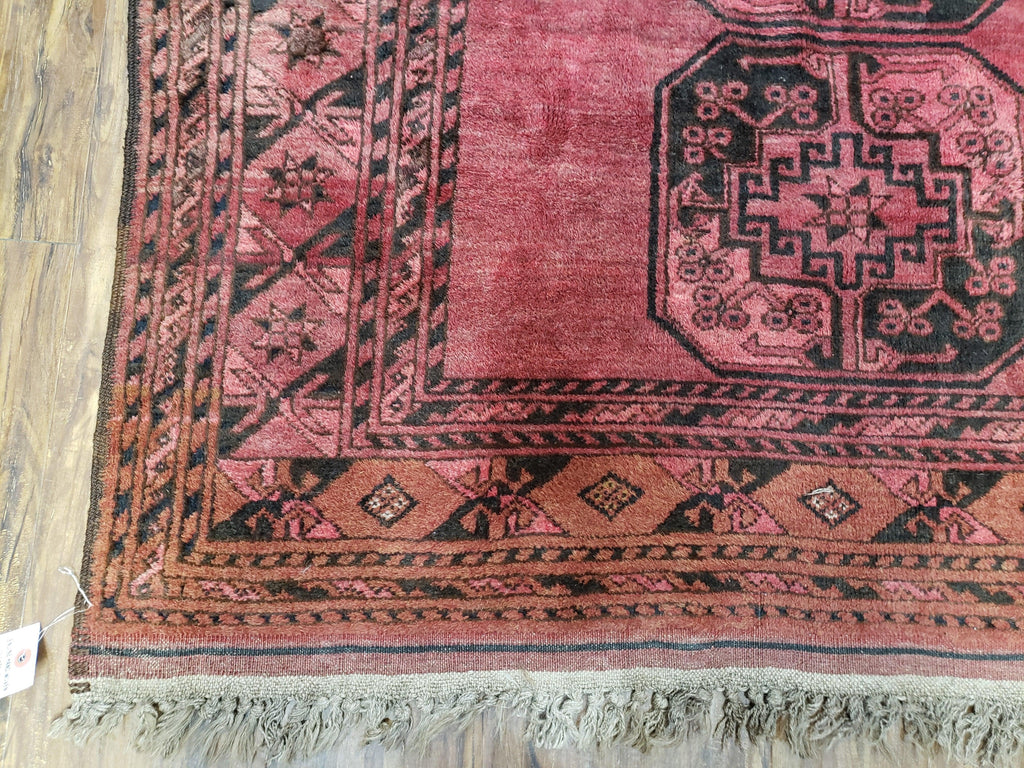 Antique Bukhara Area Rug, Vintage Afghan Bokhara Bashir Rug, 4x6 Hand-Knotted Oriental Carpet, Red & Black Wool Rug, 4' x 5'9