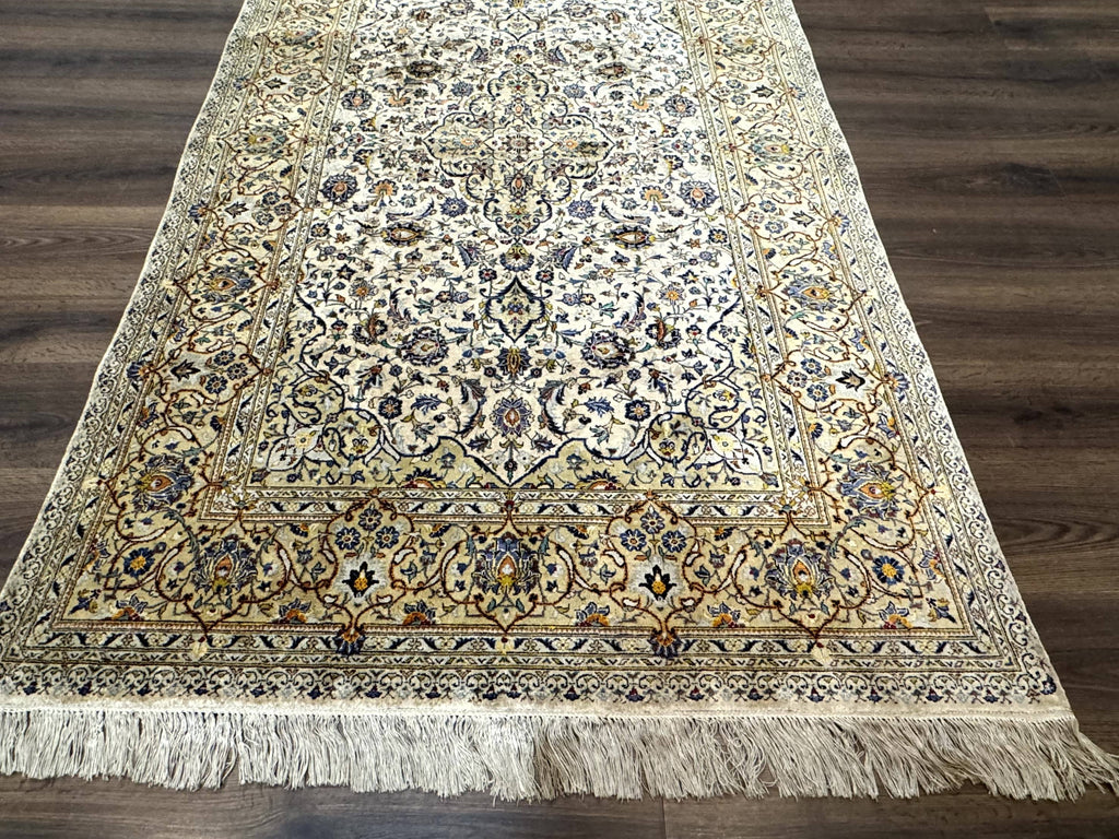 Rare Silk Persian Kashan Rug 4.6 x 7, Antique Fine 310 KPSI, Ivory