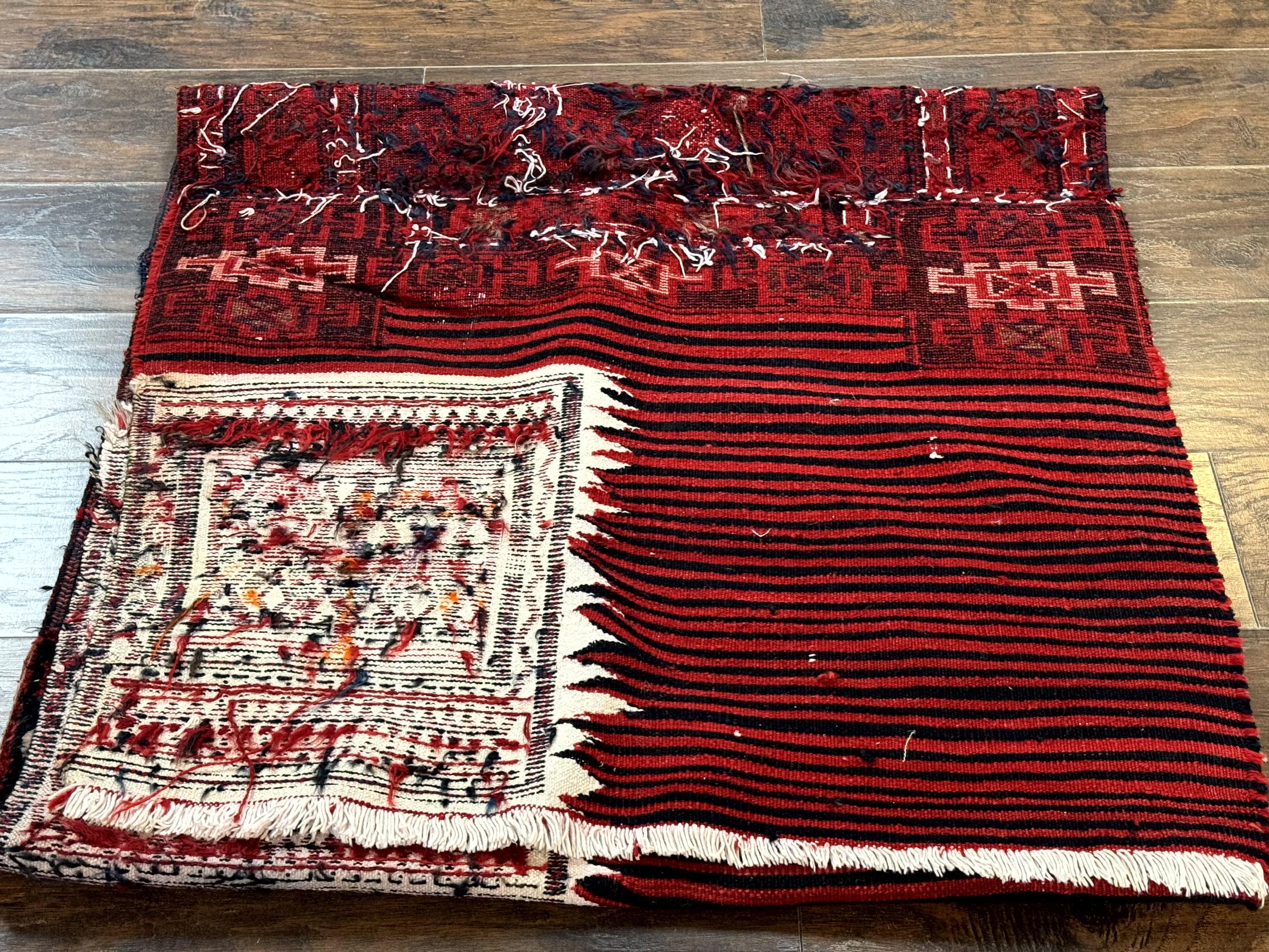 Persian Tribal Nomadic Saddle Cover Rug, Antique, Handmade, Wool, Red Ivory Black, Collectible, Shahsavan