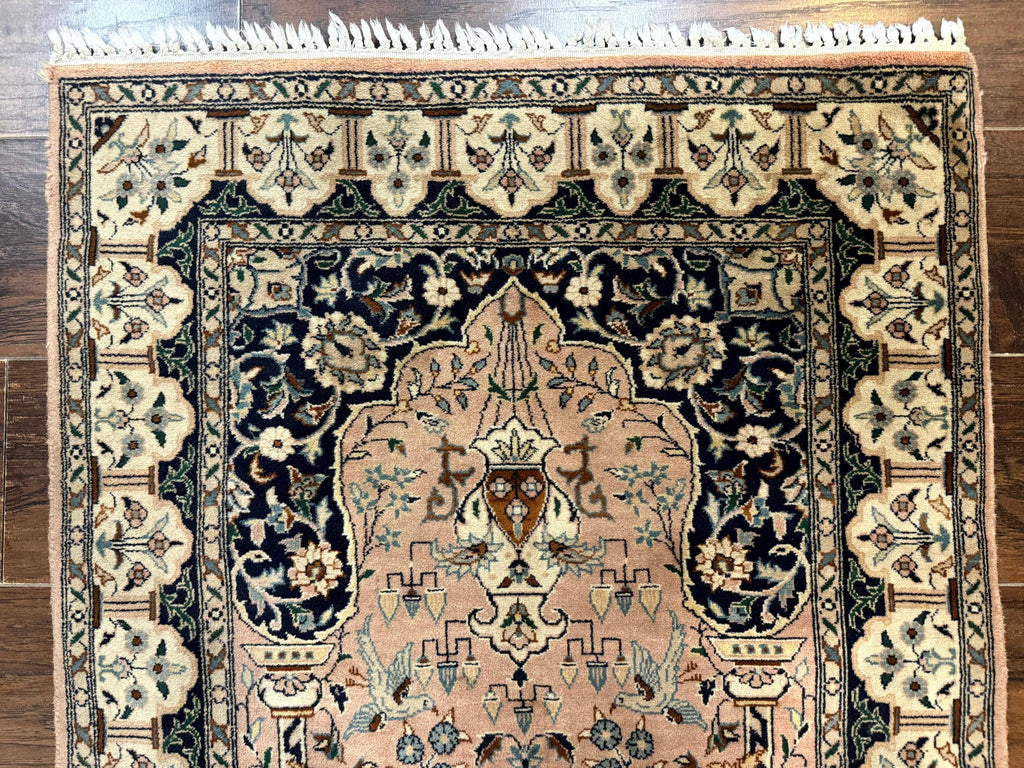 Small Tree of Life Prayer Rug, Pak Persian Rug 2.7 x 4, , Birds, Lantern, Handmade Vintage Fine 260 KPSI
