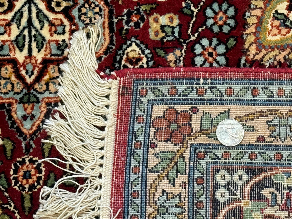 Indian Kashmiri Silk Rug 6x9, Red and Navy Blue, Floral Medallion, Fine 275 KPSI