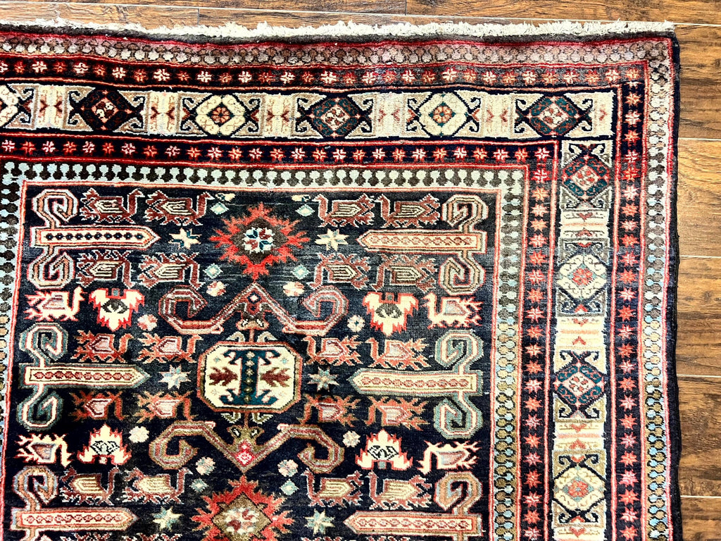 Persian Wide Runner Rug 4.8 x 10, Persian Kalegi Ardabil Rug, Perpedil Caucasian Rug, Antique Handmade Wool Carpet, Navy Blue Red, Tribal Rug