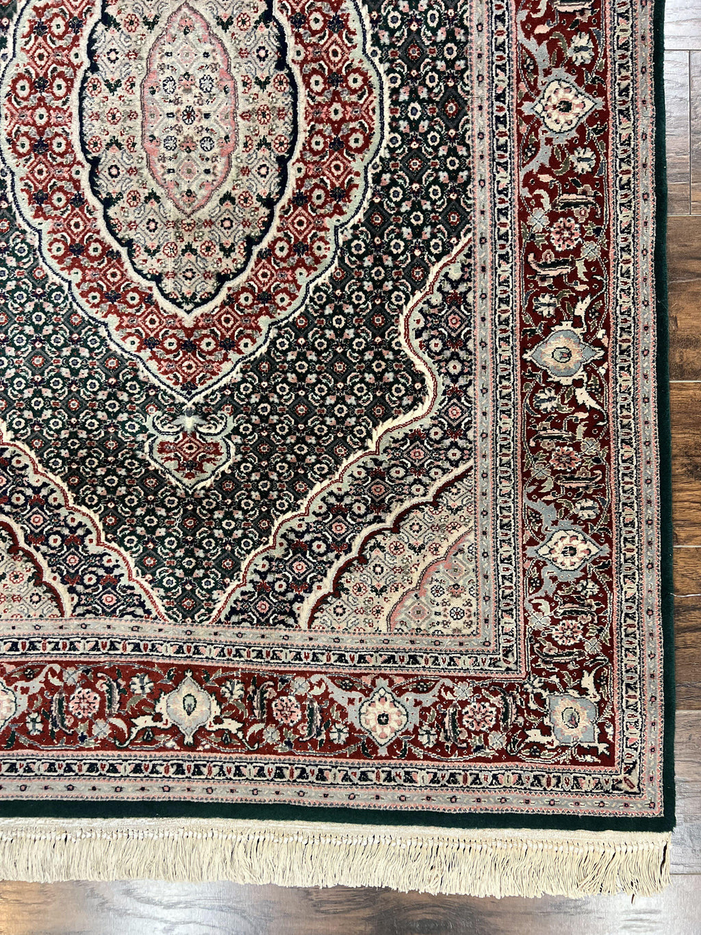 Sino Persian Rug 4x6, Wool with Silk Highlights, Fine Hand Knotted Carpet, Green & Maroon Red, Herati Medallion, Vintage Rug