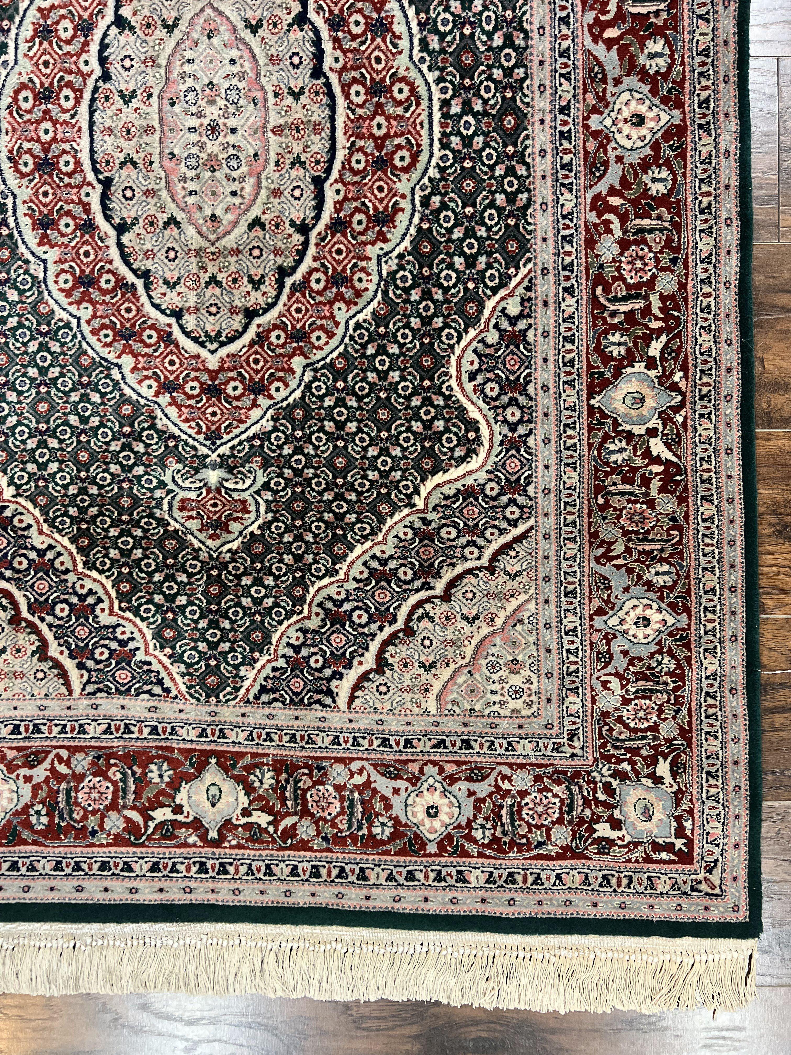 Sino Persian Rug 4x6, Wool with Silk Highlights, Fine Hand Knotted Carpet, Green & Maroon Red, Herati Medallion, Vintage Rug