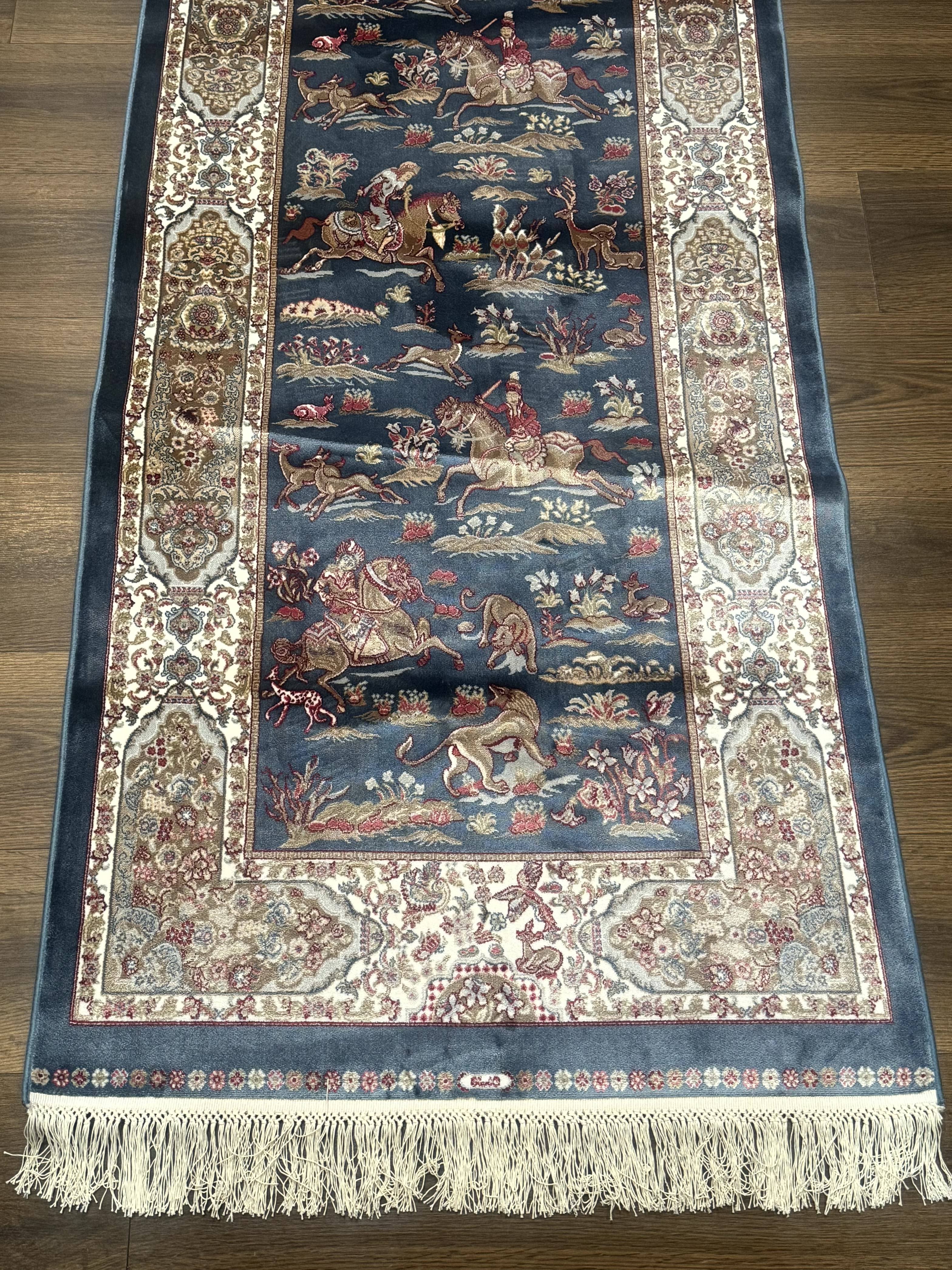 Turkish Silk Rug 2.6 x 6.7, Short Runner Rug, Blue & Ivory, Bamboo Silk, New