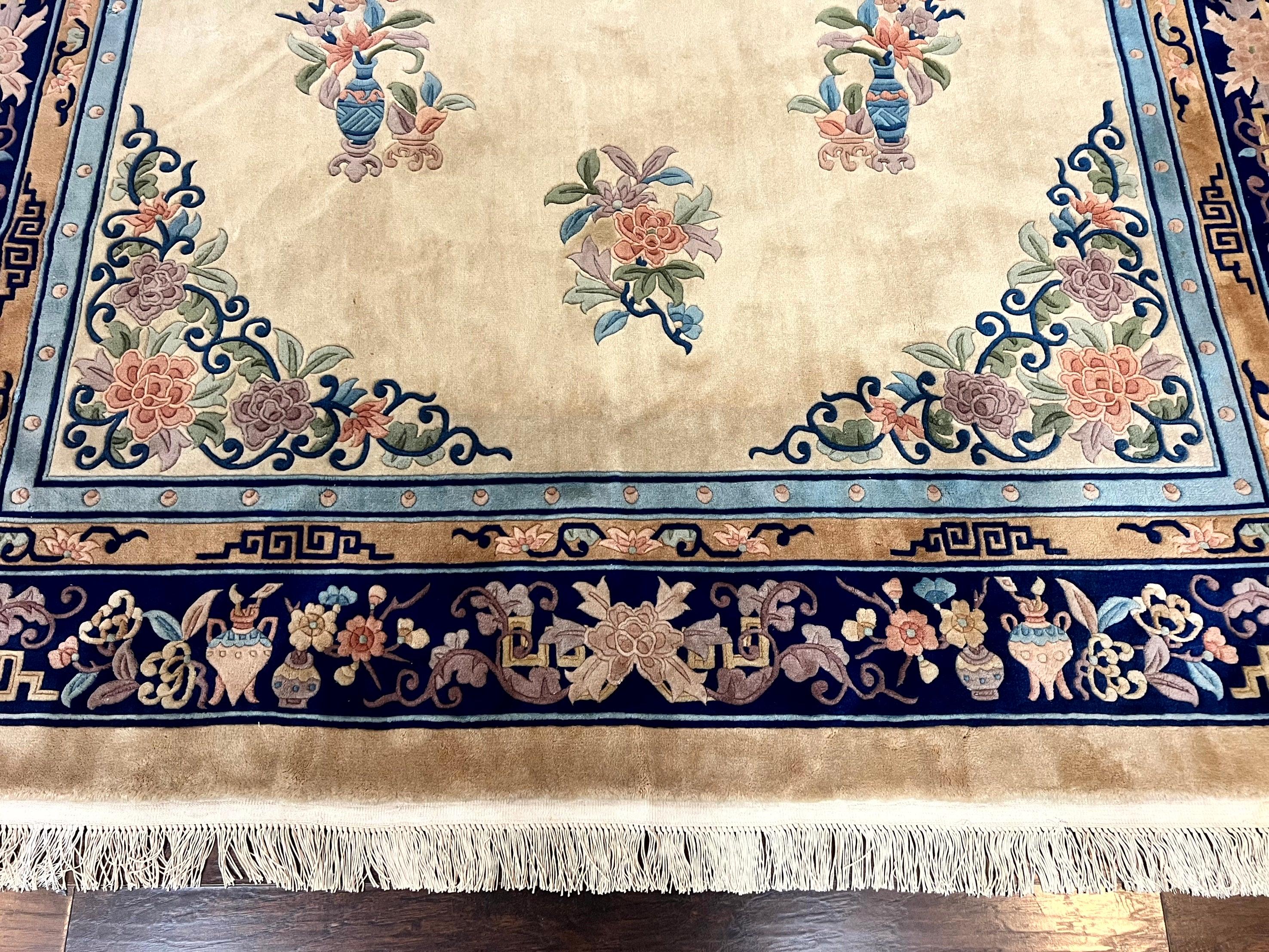 Chinese Wool Rug 8x11, Peking Asian Oriental Carpet, Cream/Ivory and Blue, Vintage Handmade Rug, Art Deco Rug