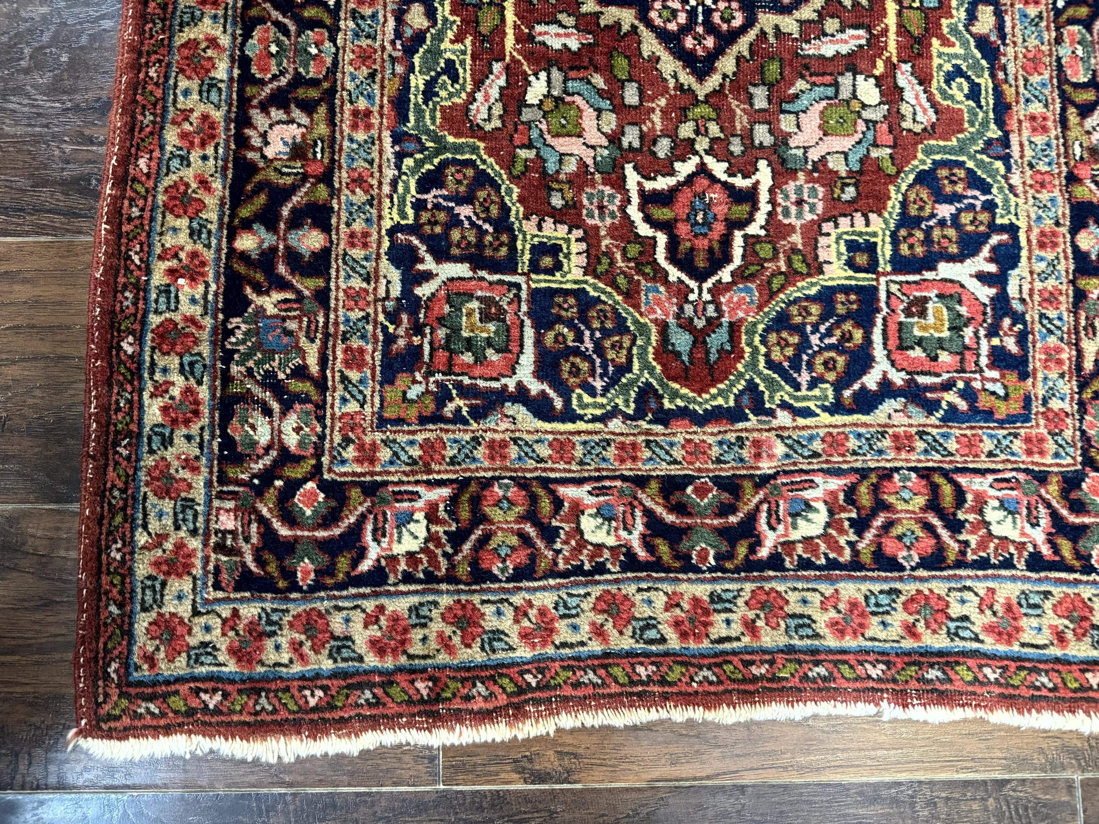 Antique Persian Tabriz Rug 3x5, Brick Red Navy Blue, Floral Medallion, Small Persian Carpet