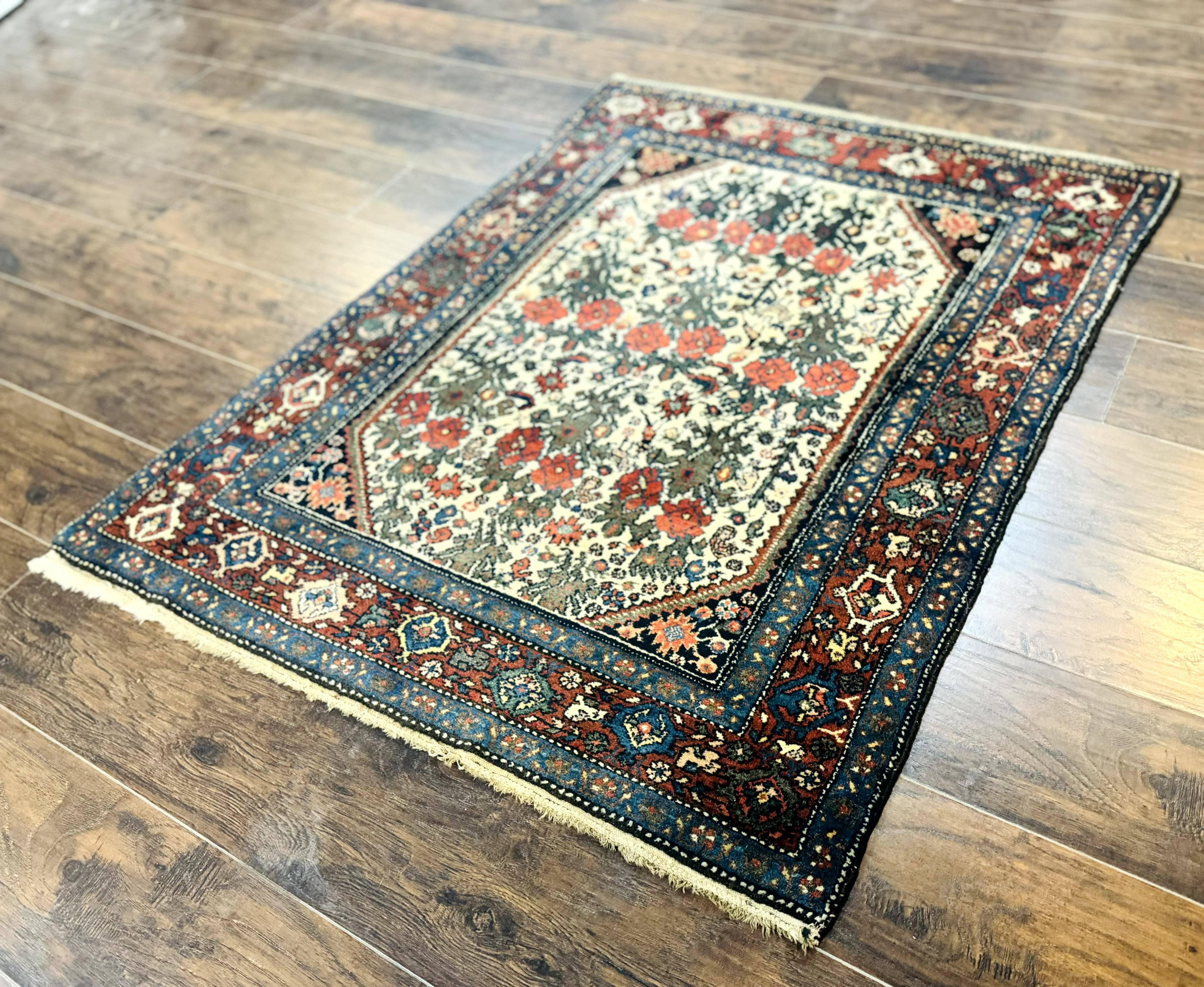 Persian Tribal Rug 3x5, Antique Persian Carpet, Floral Roses, Handmade, Persian Zanjan Rug