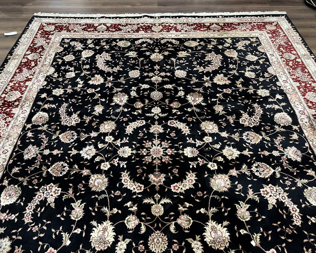 Sino Persian Rug 9x12, High Quality Oriental Carpet, Black and Maroon, Wool and Silk, Allover Floral Pattern, Hand Knotted, Vintage Rug Nice