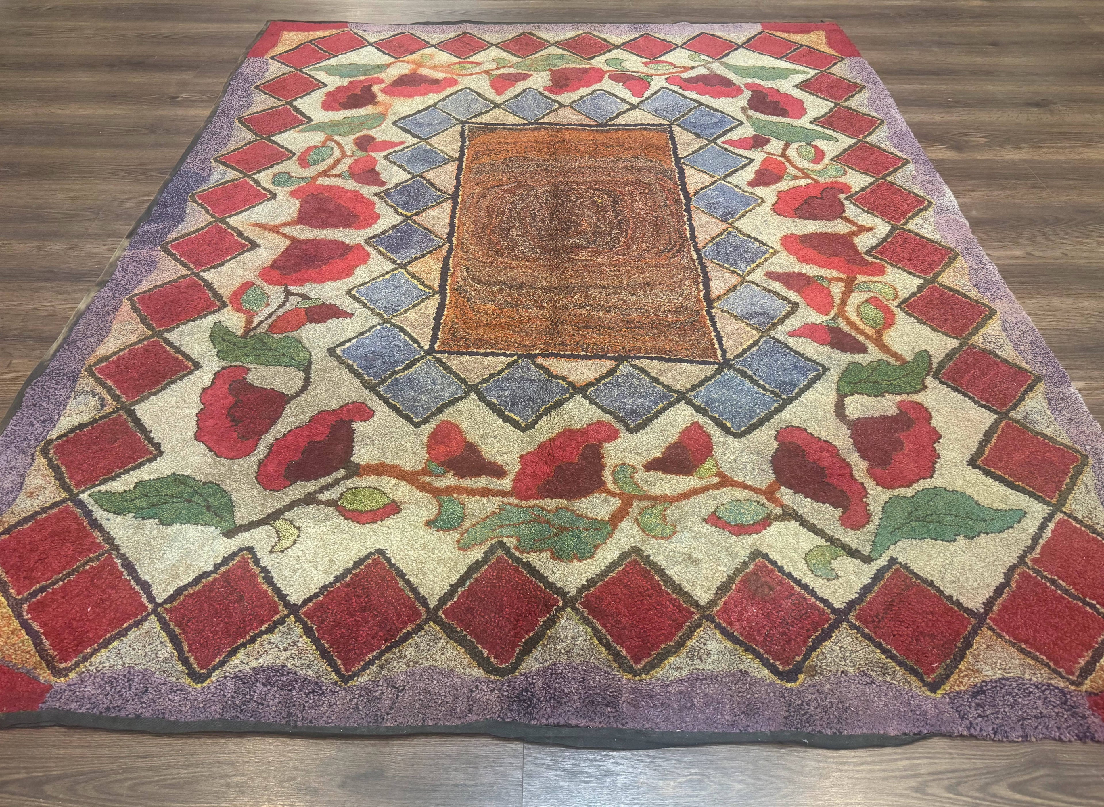 Vintage American Hooked Rug 6x7, Unique Colors, Red Lavender Cream, Abstract
