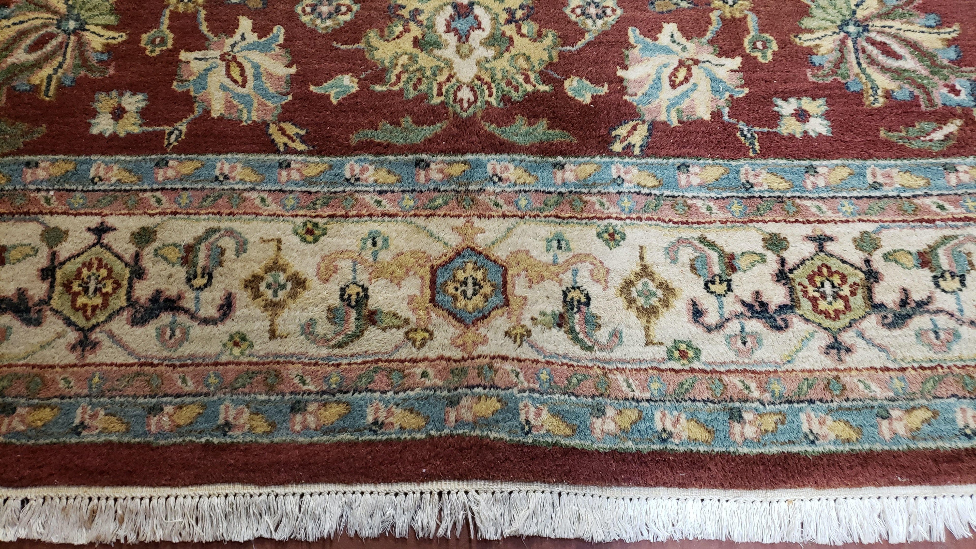 8x12 Indo-Mahal Rug, Floral Allover, Red & Beige, Wool Vintage Handmade Traditional Carpet
