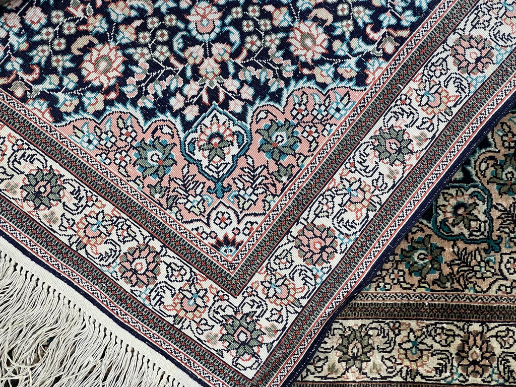 Sino Persian Silk Rug 2x2 ft, Very Fine High KPSI Small Silk Oriental Carpet, Hand-Knotted, Medallion, Vintage Silk Rug, Black Ivory/Cream