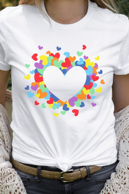 Flying Rainbow Hearts in Heart Cutout Graphic Tee T-Shirt