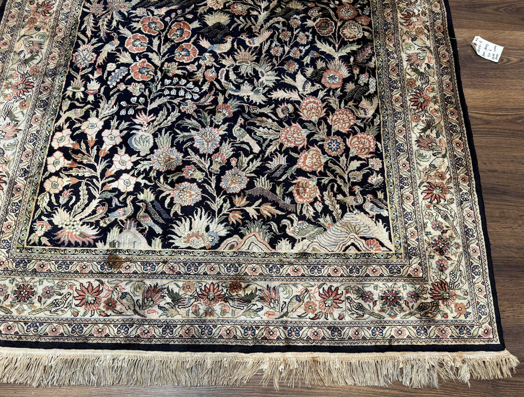Silk Rug 4x6, Black and Cream, Floral & Bird Pictorials, Fine 330 KPSI, Sino Persian Rug