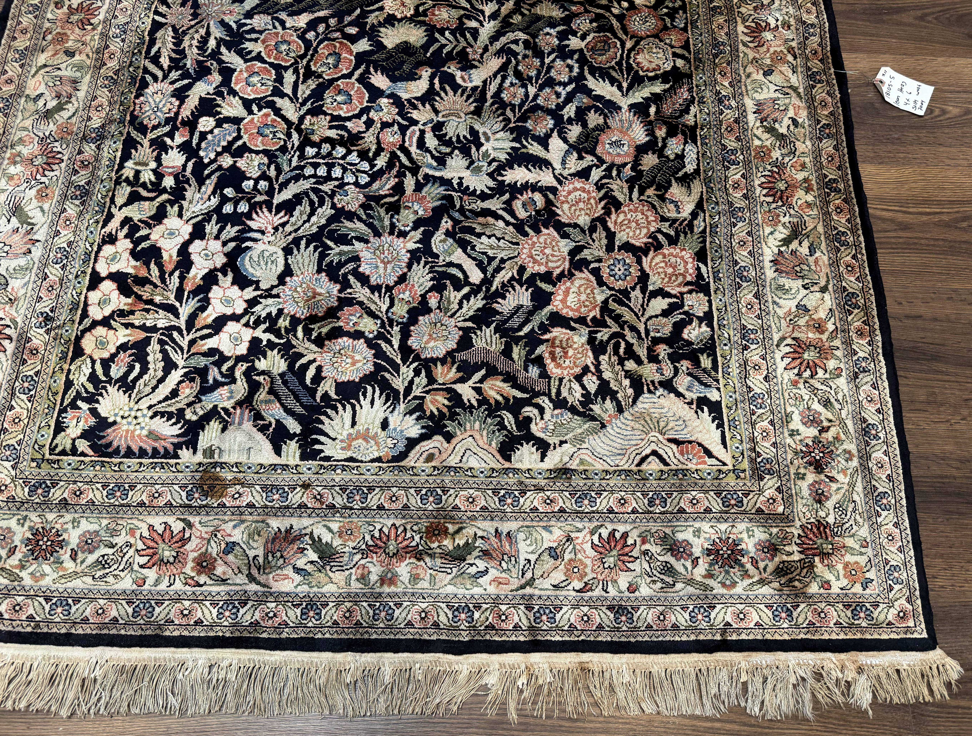 Silk Rug 4x6, Black and Cream, Floral & Bird Pictorials, Fine 330 KPSI, Sino Persian Rug