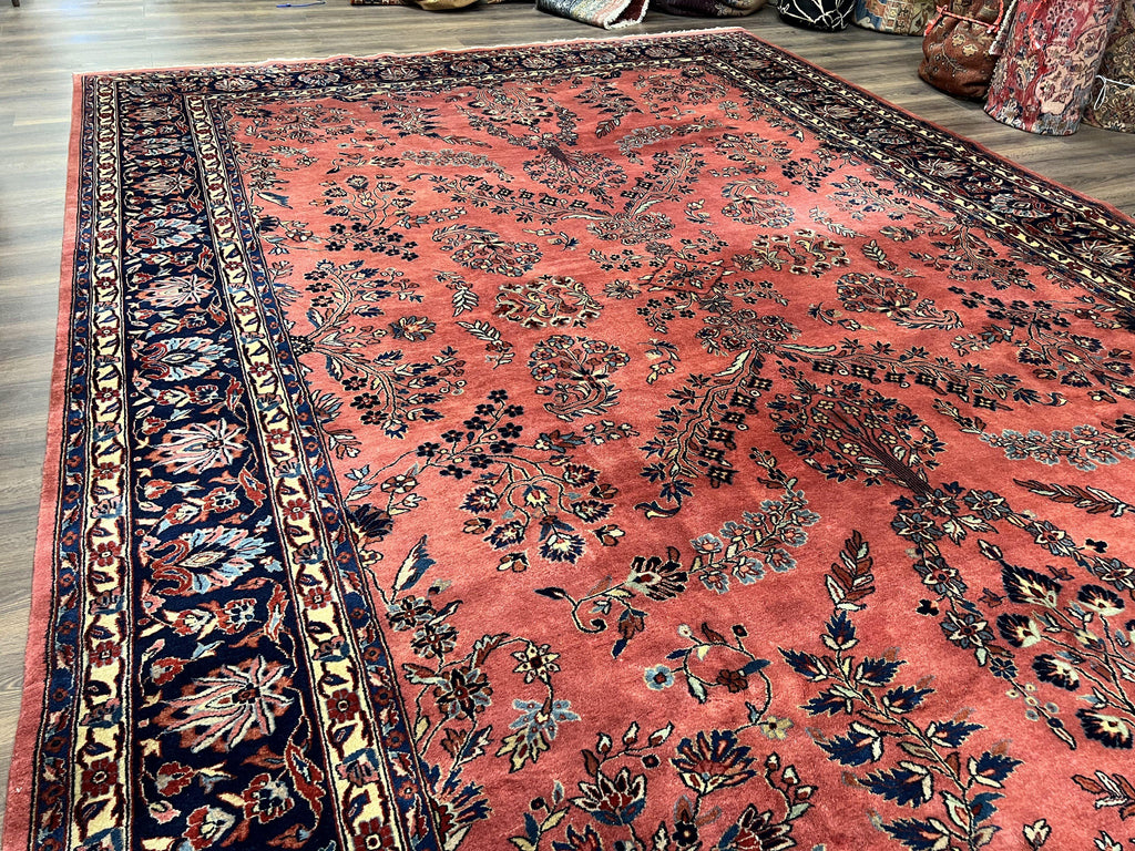 Indo Sarouk Rug 10x14, Vintage Indian Persian Area Rug 10 x 14, Wool Hand-Knotted Oriental Carpet, Red Floral Allover Large Rug, Beautiful