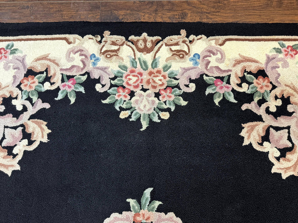 Aubusson Rug 8x11, Black and Ivory, Hooked Rug, Vintage, Wool