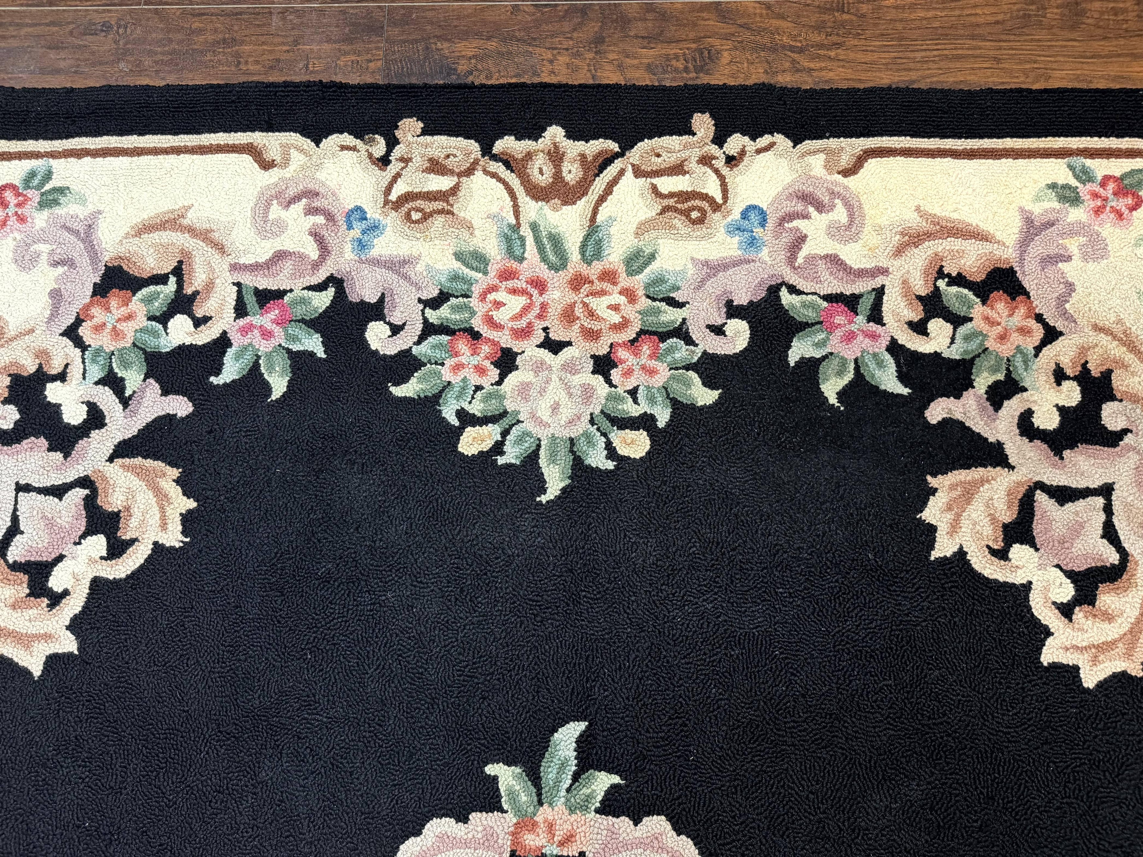 Aubusson Rug 8x11, Black and Ivory, Hooked Rug, Vintage, Wool