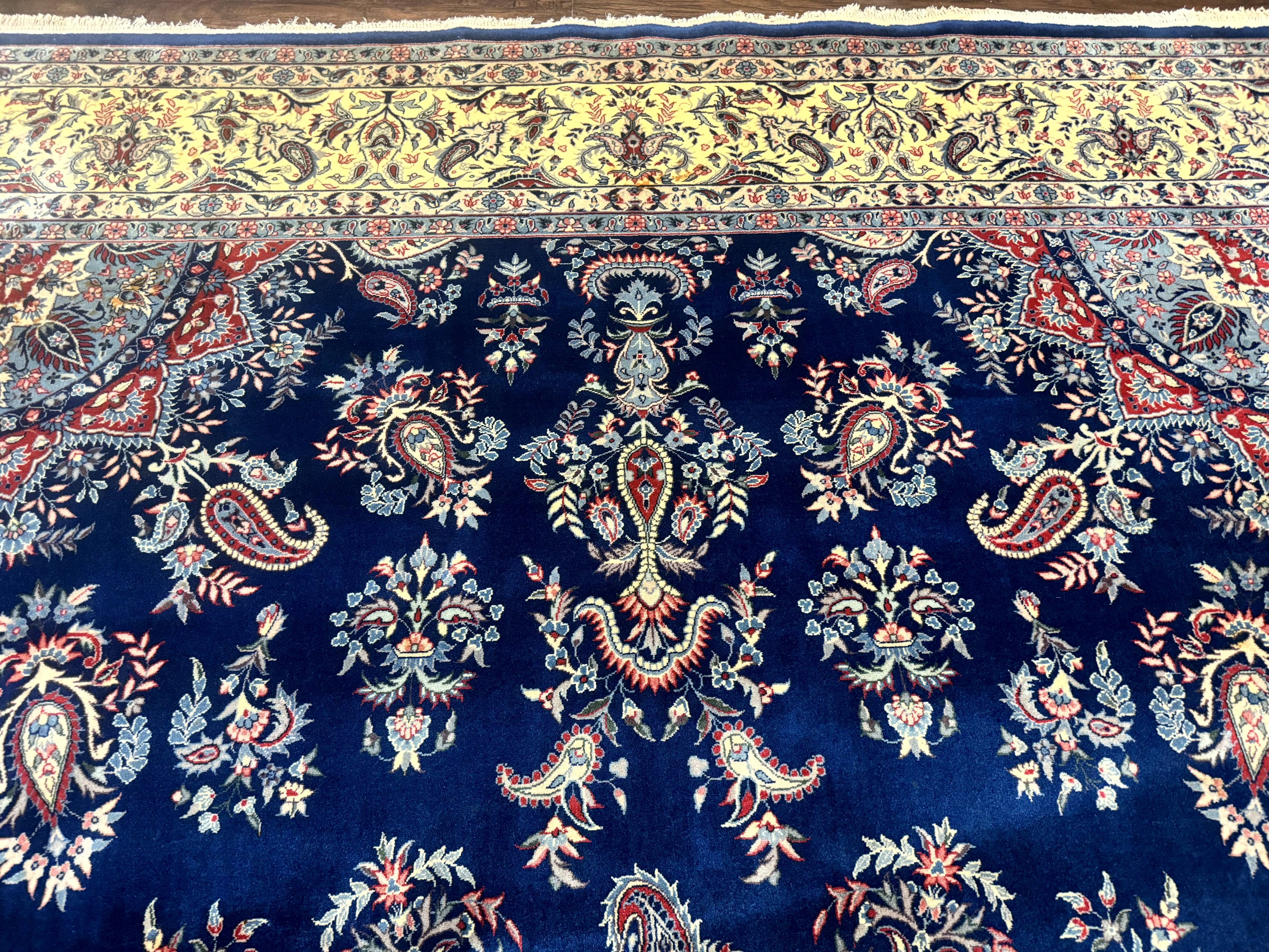 Sino Persian Kerman Rug 10x14, Blue and Beige, Floral Medallion, Fine 240 KPSI