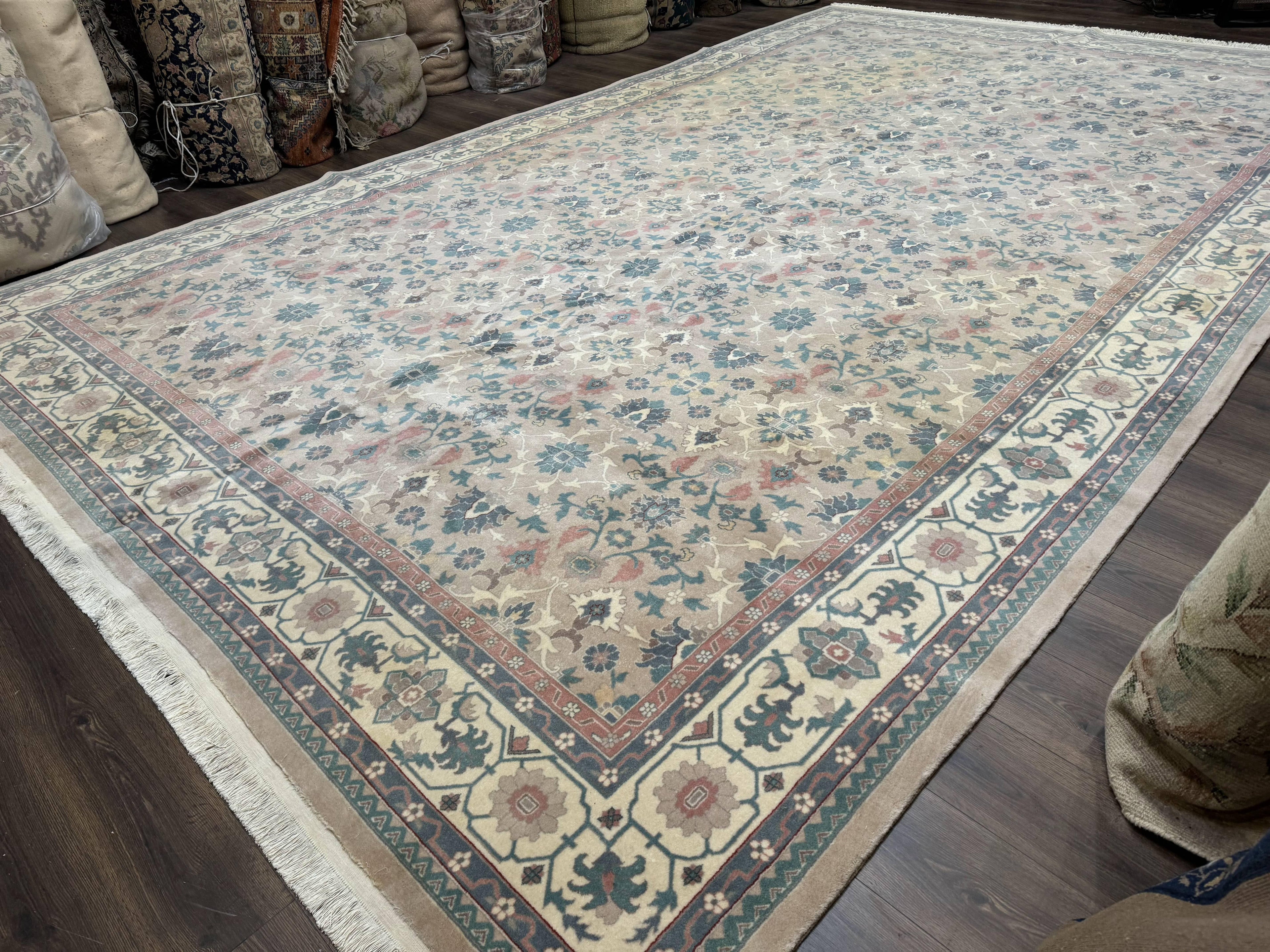 Palace Size Wool Rug 10x18, Sino Persian Kerman Rug, Oversized Hand Knotted Carpet, Light Taupe, Allover Pattern