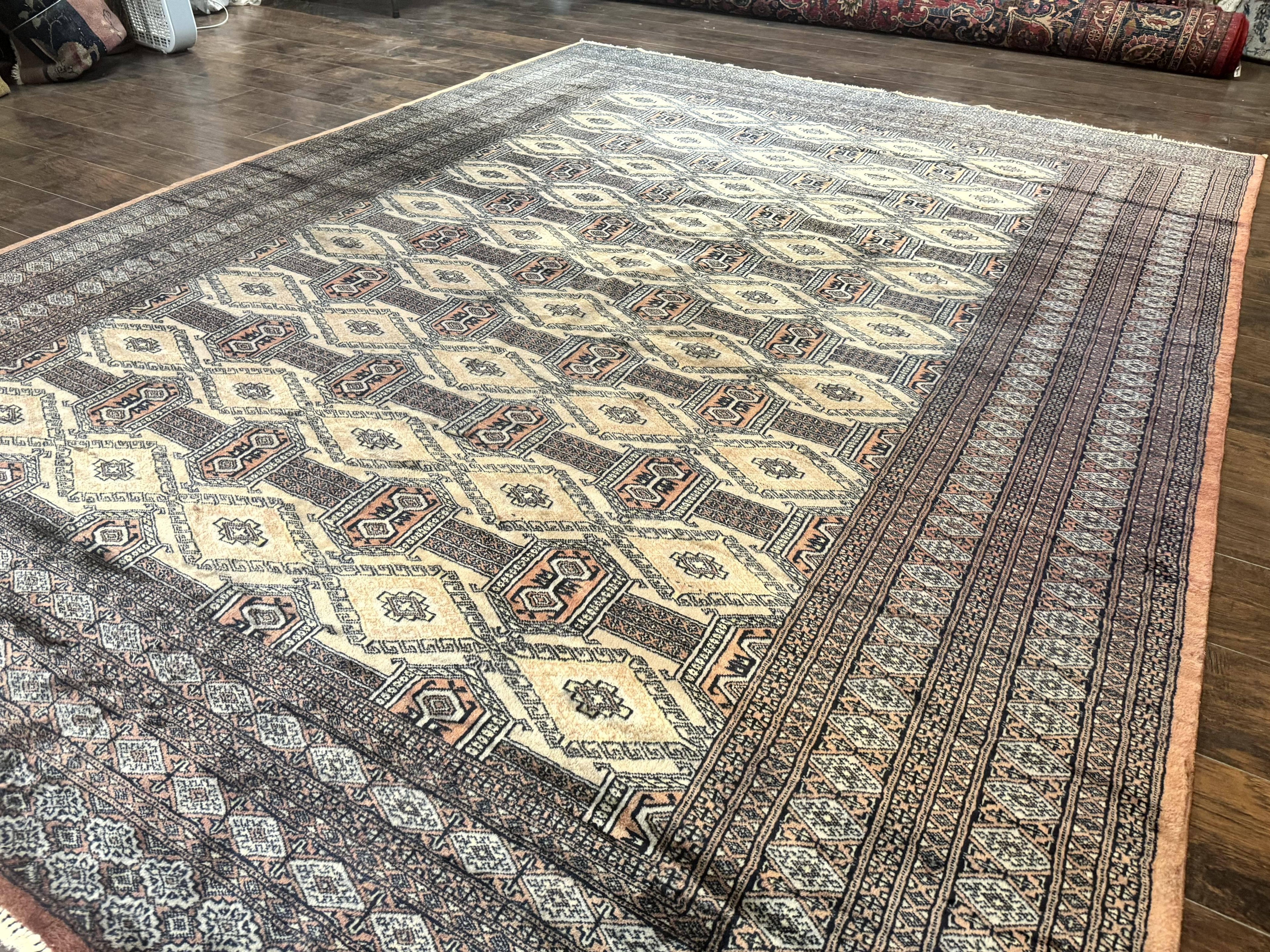 Turkoman Bokhara Rug 8x11, Camel Hair Color, Handmade Vintage Wool Pakistani Carpet