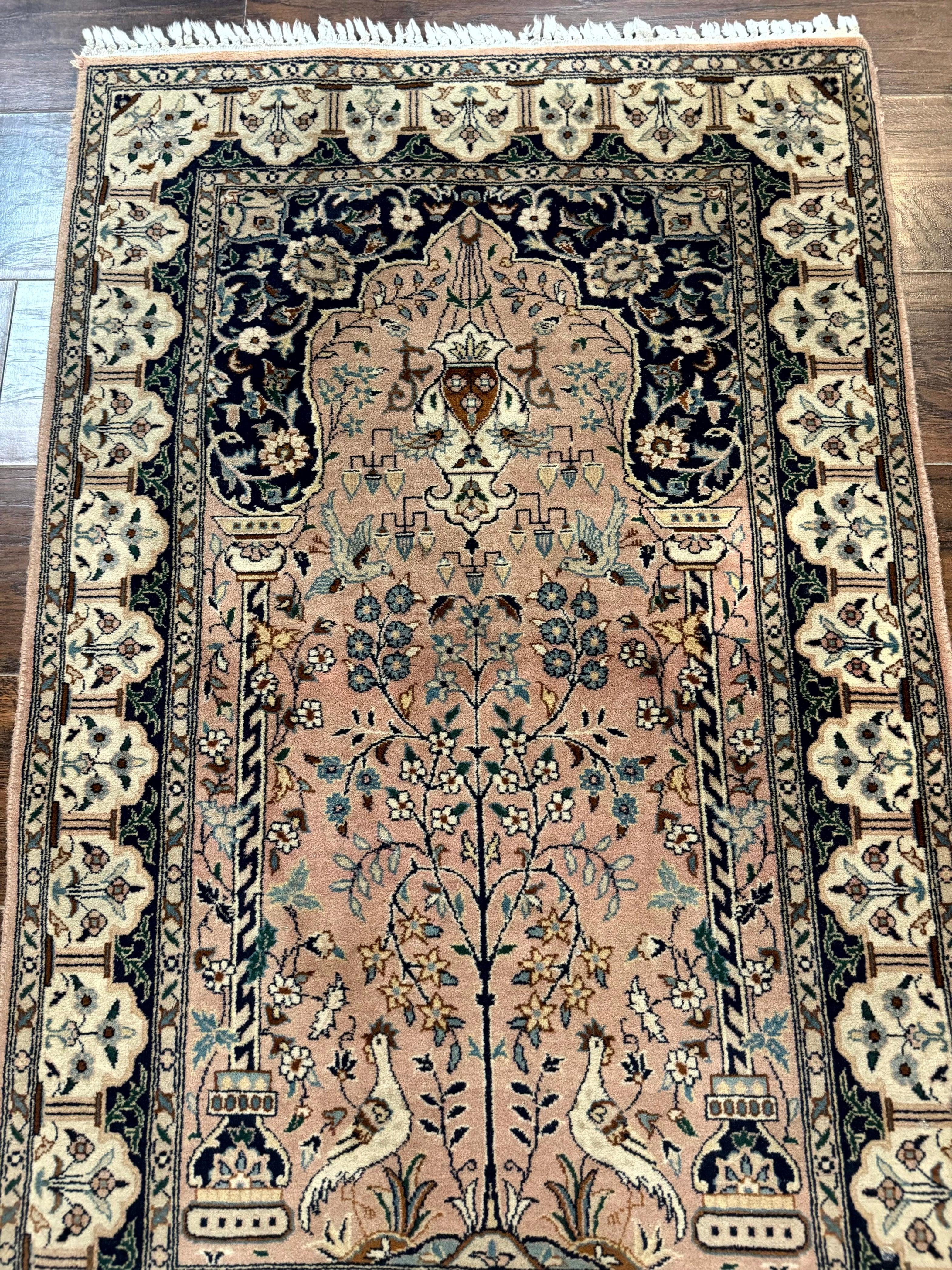 Small Tree of Life Prayer Rug, Pak Persian Rug 2.7 x 4, , Birds, Lantern, Handmade Vintage Fine 260 KPSI