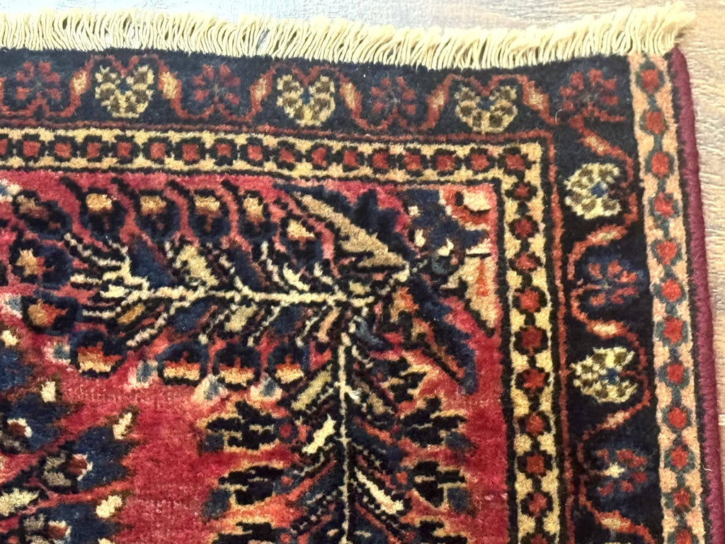 Small Antique Persian Sarouk Rug 2x2 ft, Red 1920s Wool Rug