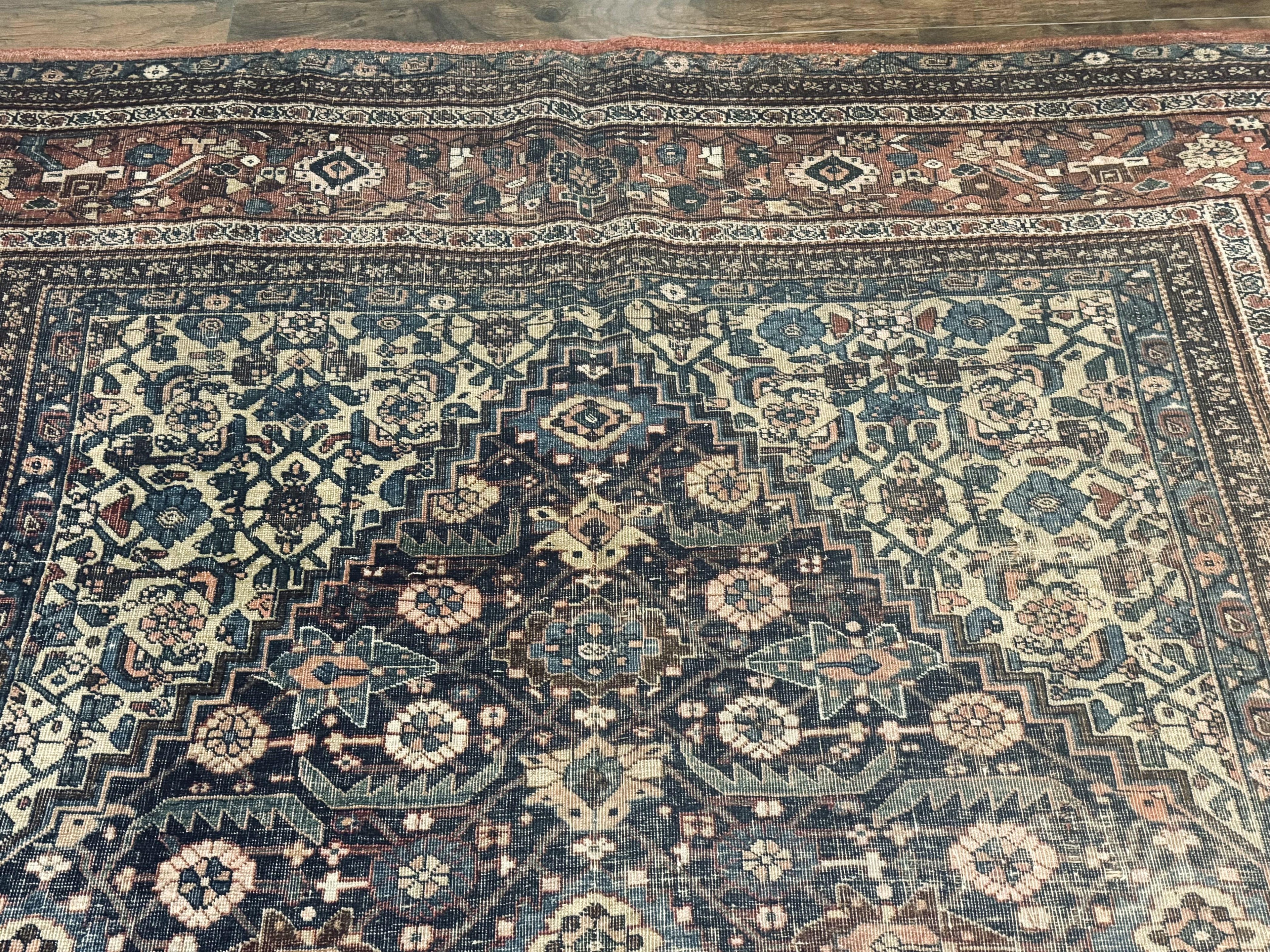 Antique Persian Bidjar Rug 8x15 – Navy Blue, Herati Pattern, Early 20th Century