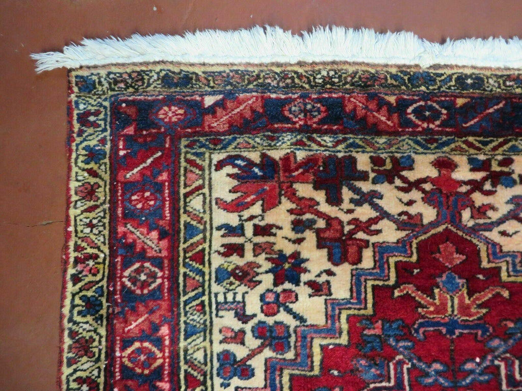 Persian Runner Rug, Heriz Runner Rug, Geometric Medallions, Red Cream Navy Blue Wool Hallway Rug 3.9 x 10.8 Antique Oriental Runner Handmade