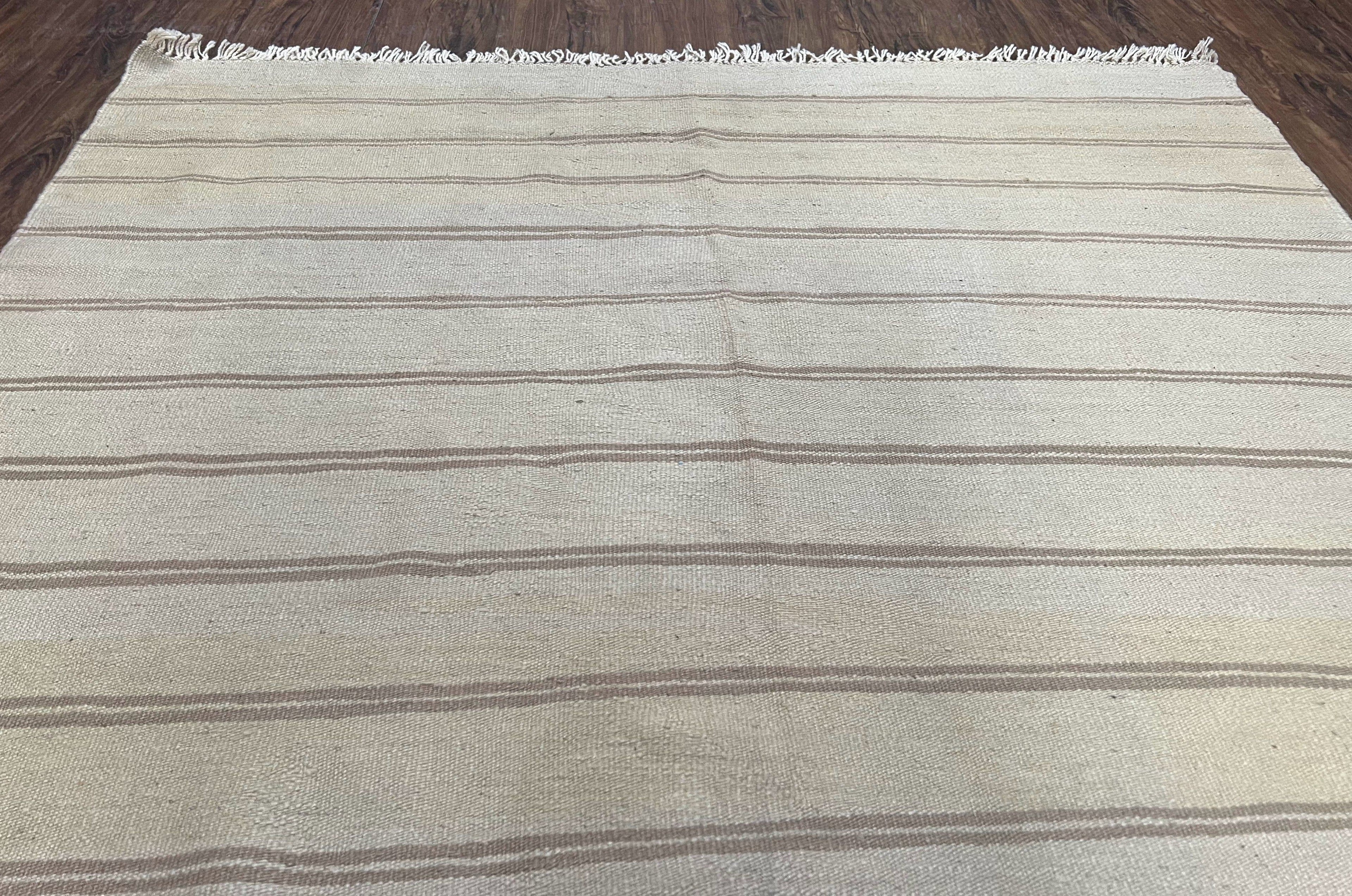 New Turkish Kilim Rug 5x8 Flatweave Carpet, Bohemian Rug, Contemporary Rug, Hand Woven, Wool Area Rug, Gray and Taupe, Striped Pattern