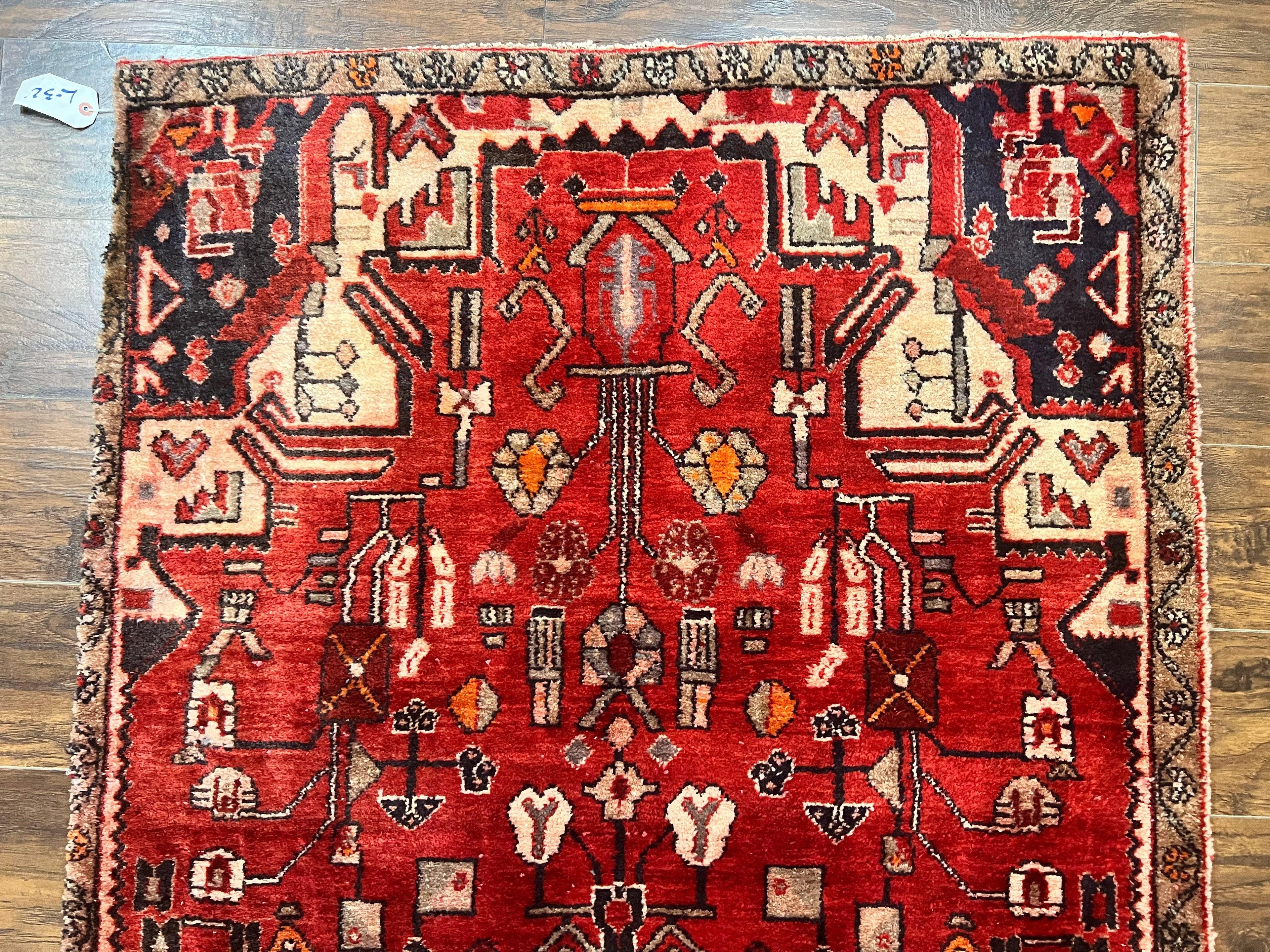 Antique Persian Tribal Rug 4 x 8, Geometric Medallion, Boho Rug, Wool Handmade Rug, Red 4x8 Rug, Persian Hamadan Rug