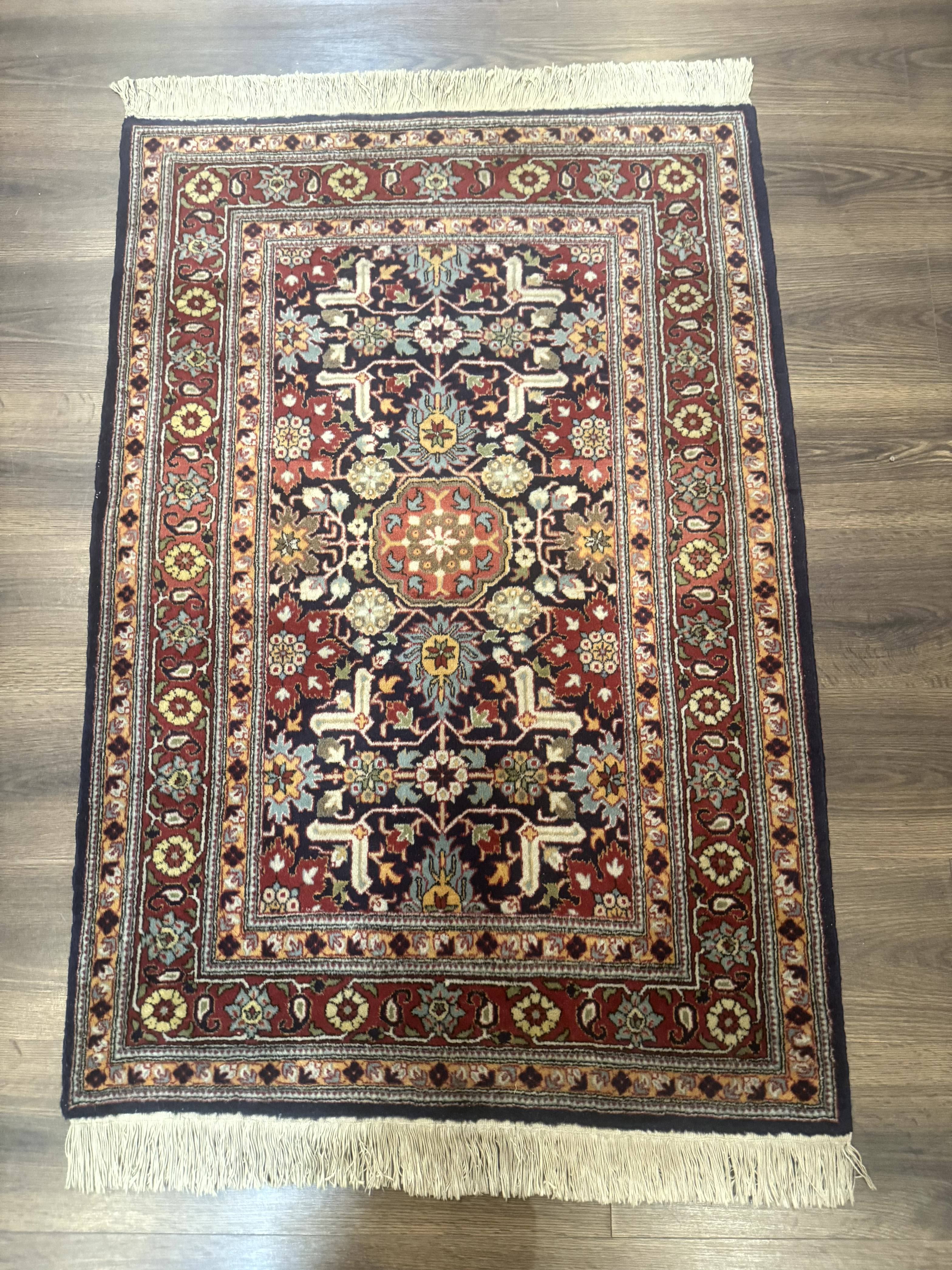 Turkish Hereke Rug 3x5, Navy Blue and Red, Fine 210 KPSI