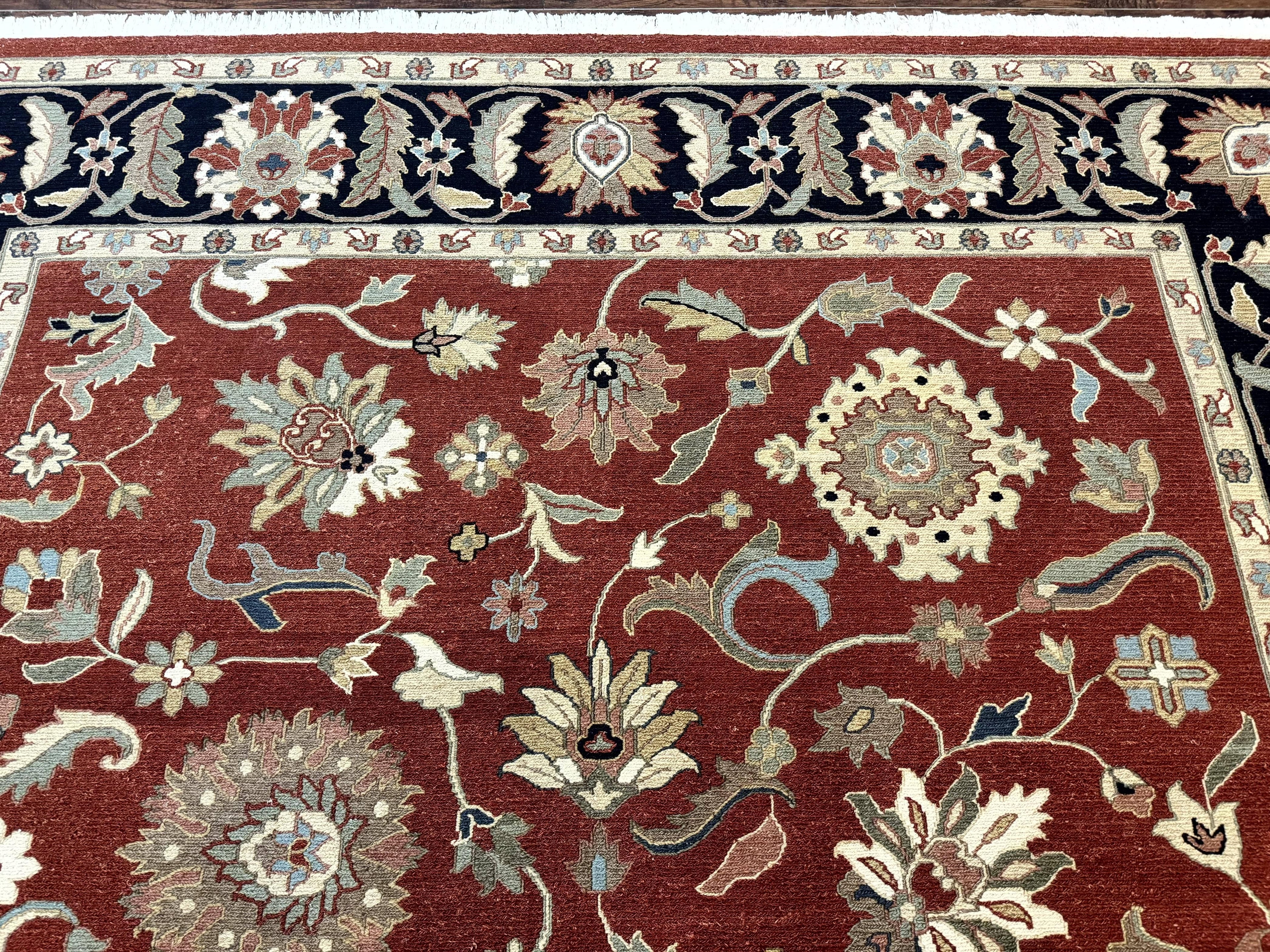 Indian Mahal Rug 8x10, Room Sized Wool Handmade Vintage Carpet, Red and Black, Floral, Flatweave Mahal Sultanabad Rug
