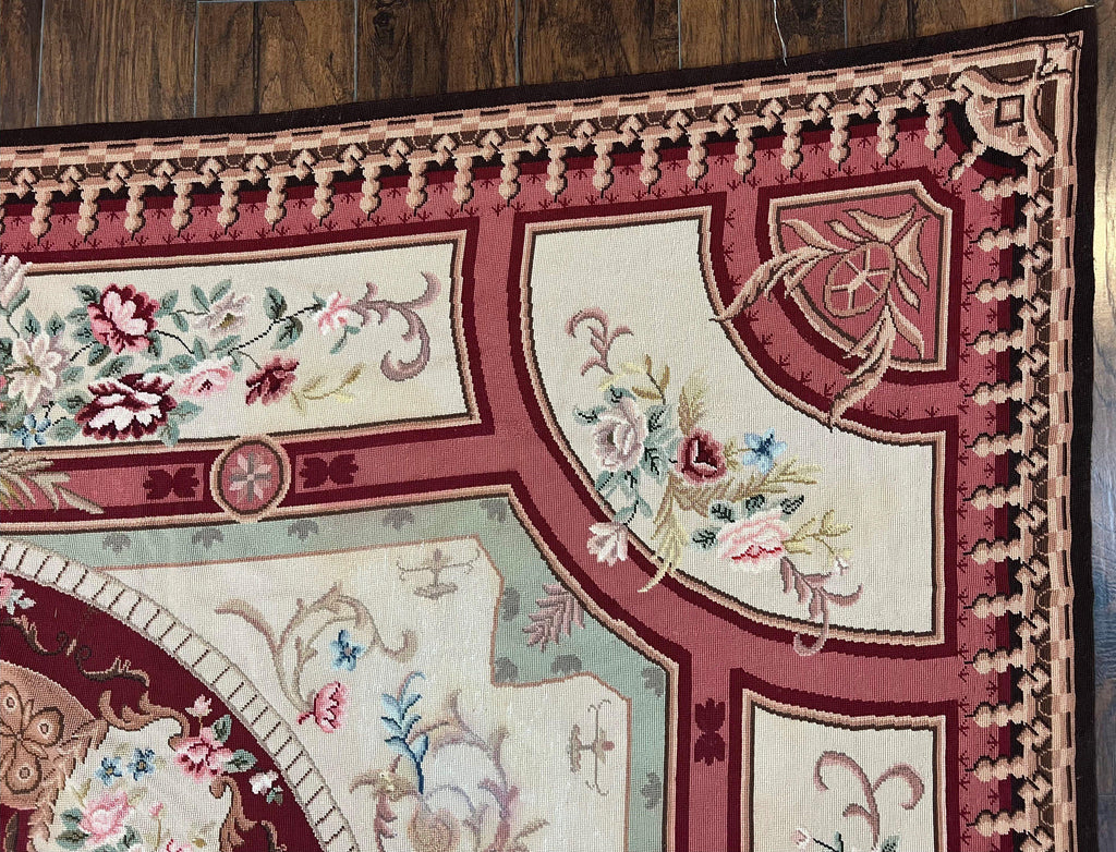 Needlepoint Rug 7.9 x 9, Beige Maroon Rose, Handmade Handwoven Flatweave Aubusson Savonnerie French European Elegant Carpet, Wool Rug