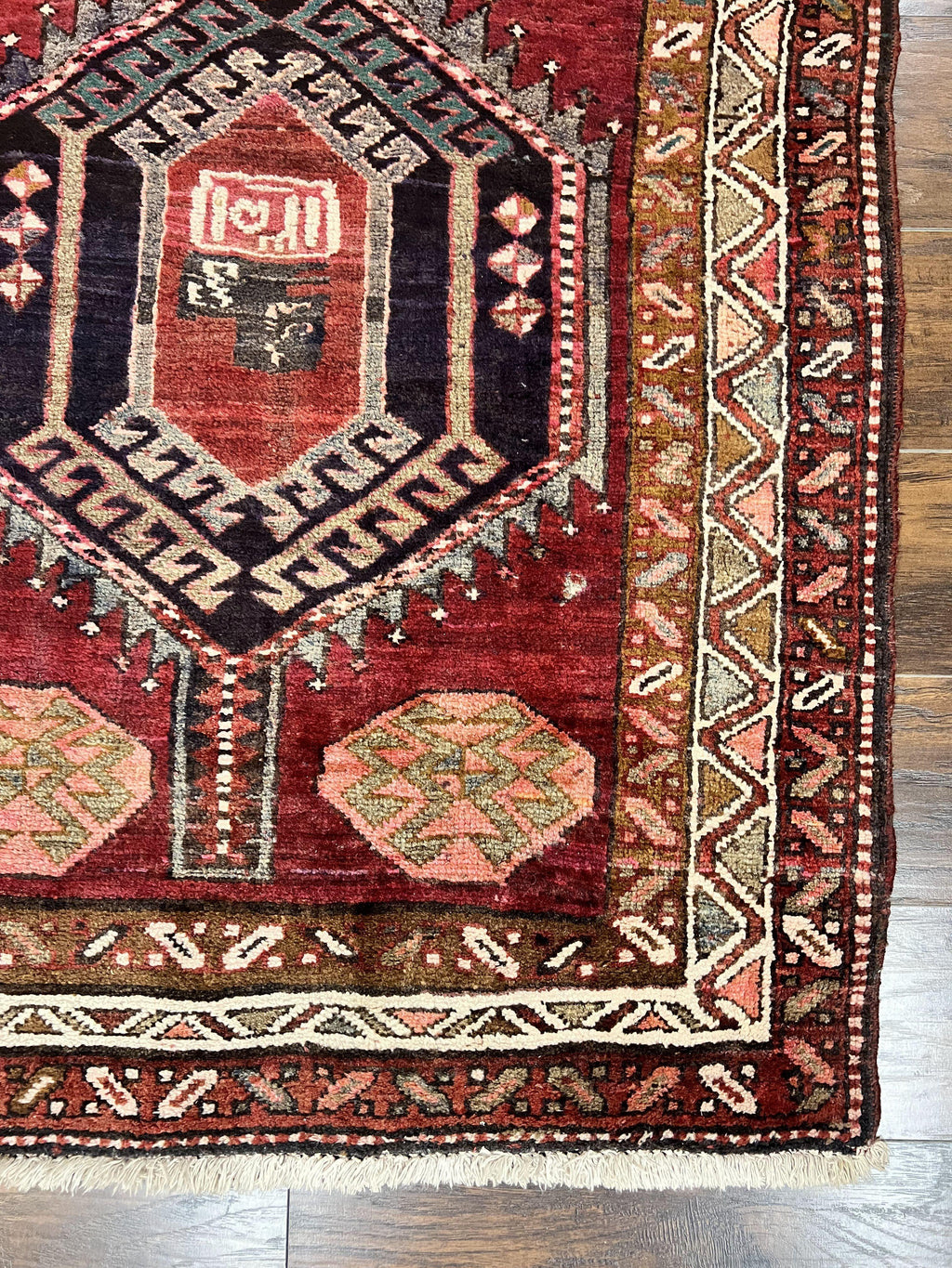 Persian Heriz Runner Rug 3.8 x 8.6, Geometric Design, Large Triple Medallions, Hand Knotted Handmade Vintage Wool Hallway Rug, Red