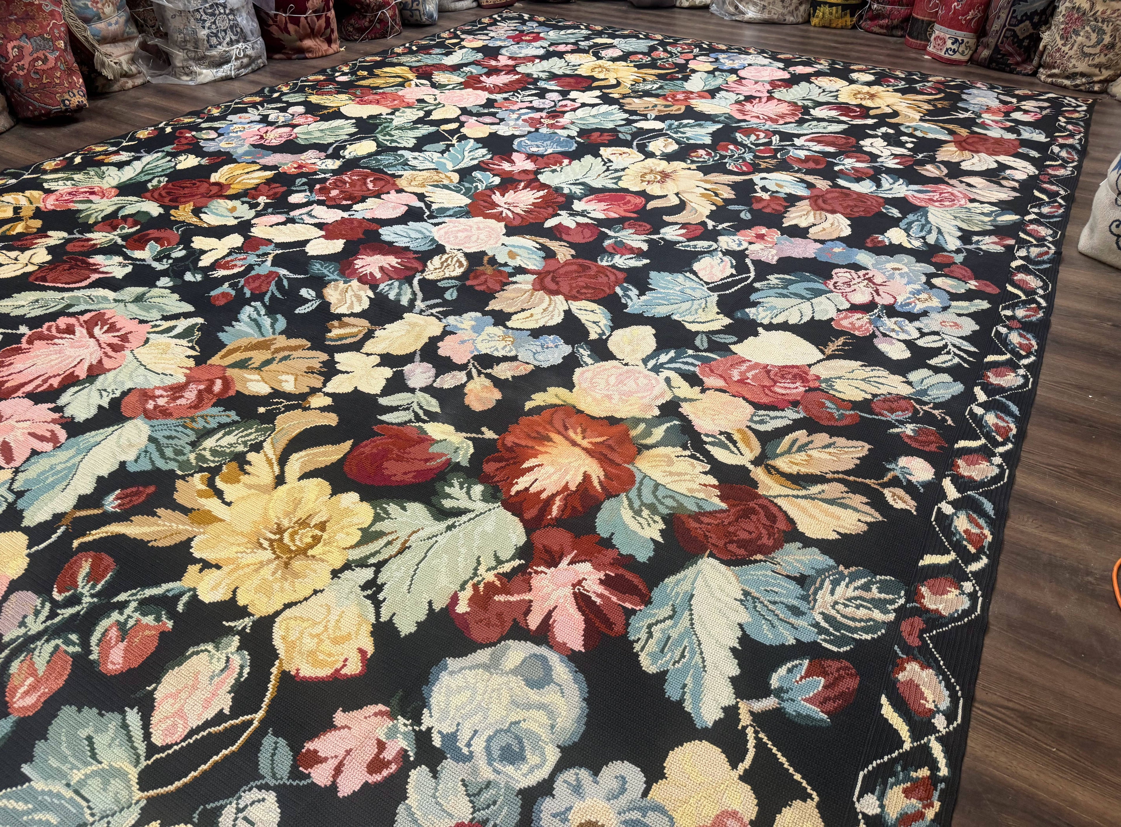 Palace Size Needlepoint Rug 12x18, Vintage Spanish Portuguese Carpet, Floral Design