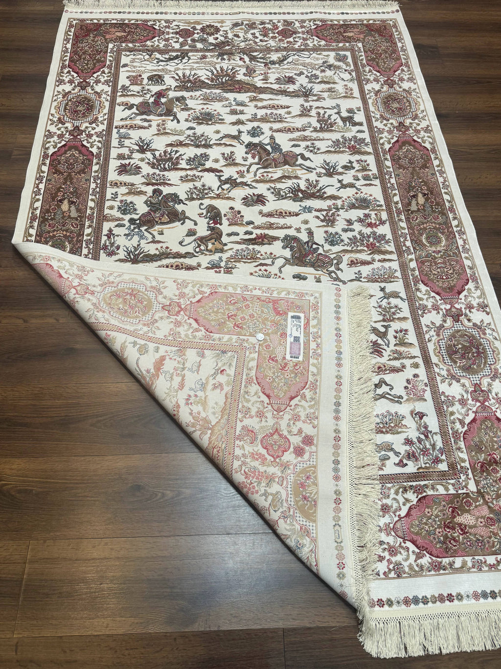 Turkish Silk Rug 5x8, Ivory, Hunting Design, Animal Pictorials, Bamboo Silk