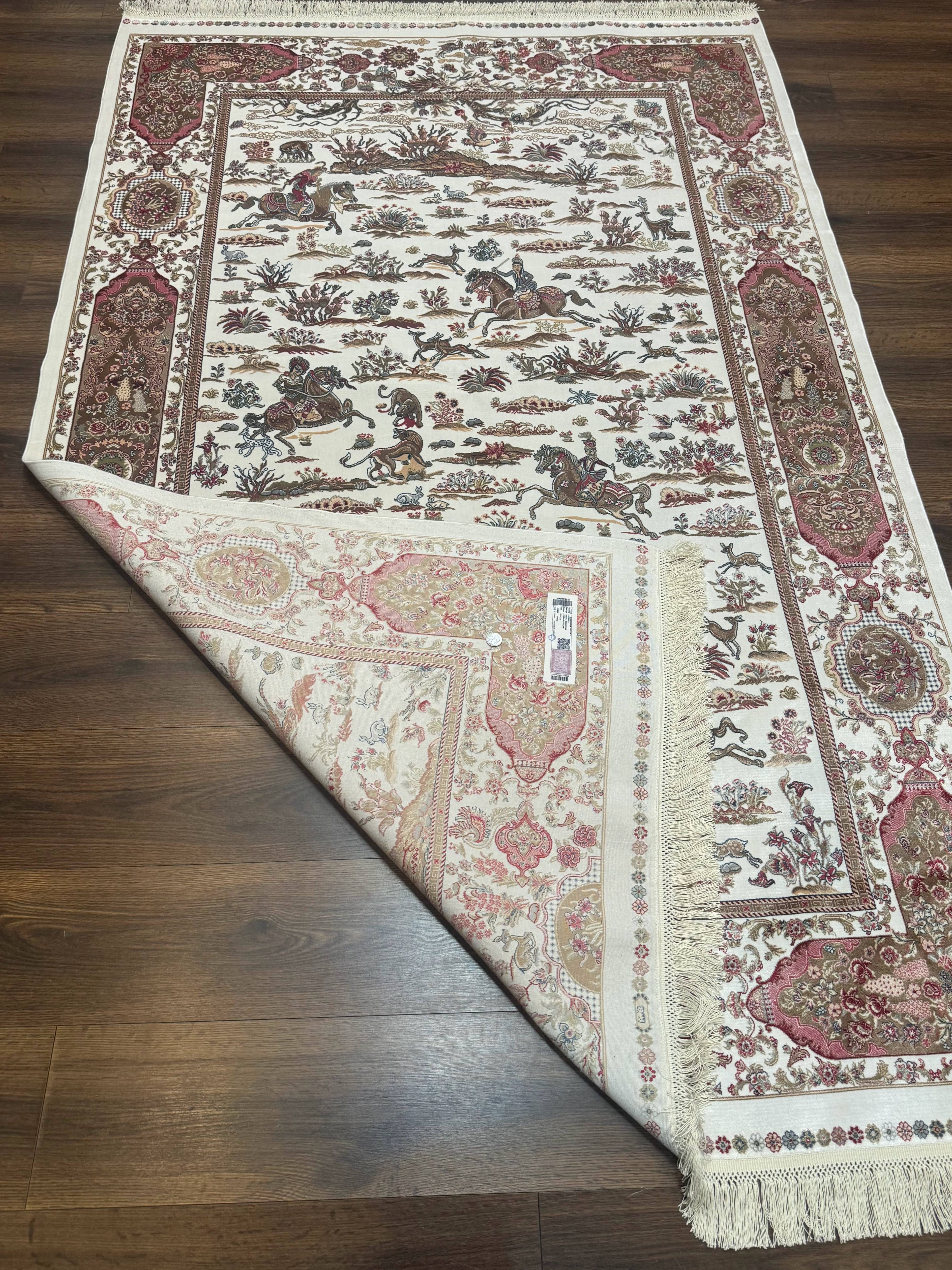 Turkish Silk Rug 5x8, Ivory, Hunting Design, Animal Pictorials, Bamboo Silk