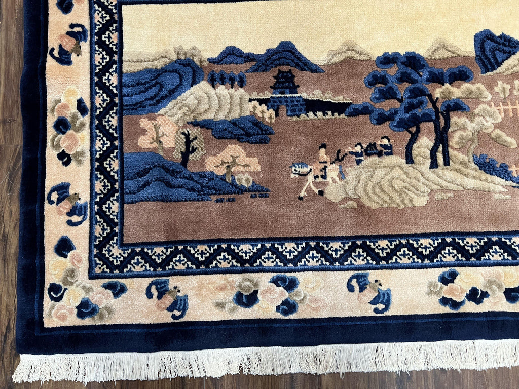 Antique Chinese Pictorial Rug 2.7 x 5, Chinese Village and Hills Carpet, Beige and Dark Blue, Handmade, Horizontal Rug Wall Hanging Tapestry