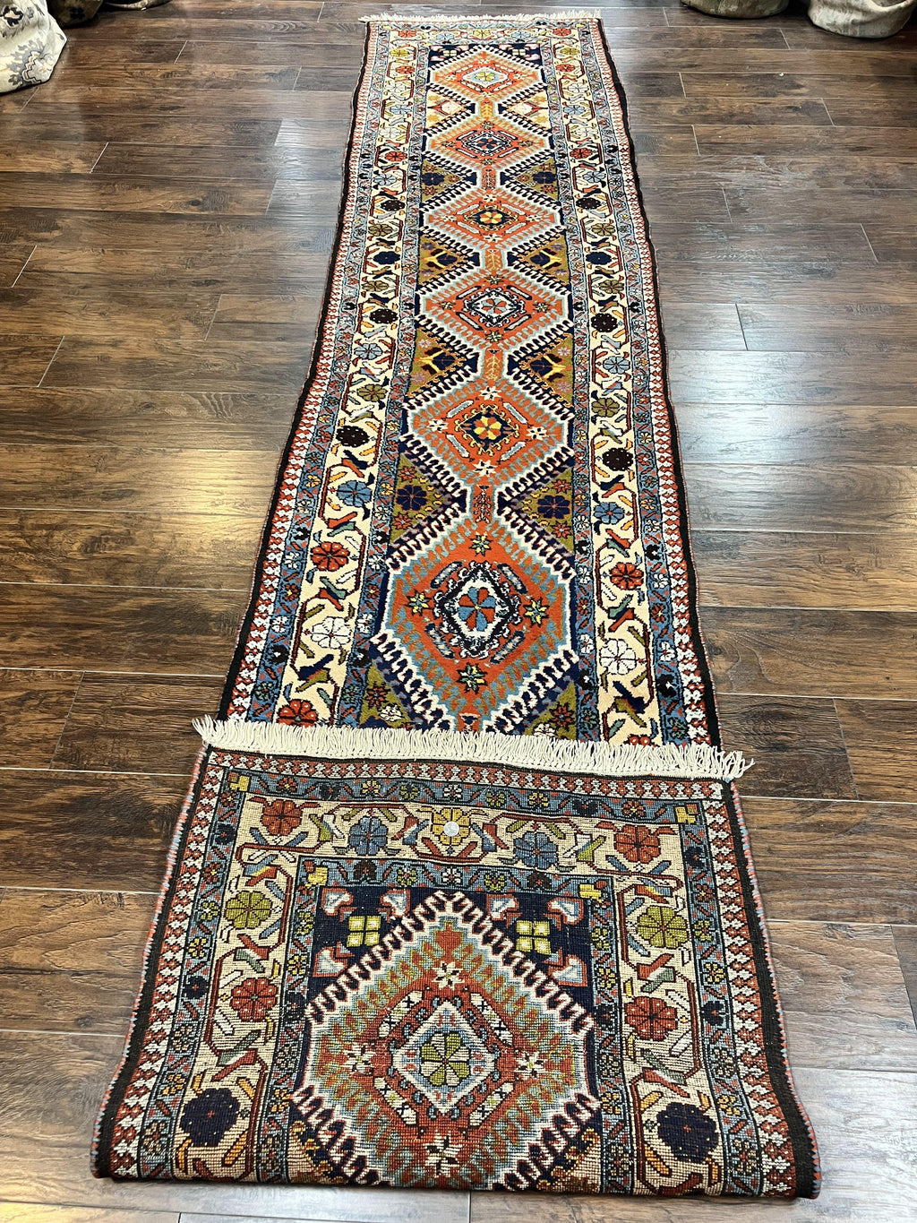 Persian Tribal Runner Rug 2.9 x 14, Colorful Rare Antique Persian Shiraz Yalameh Geometric Carpet for Hallway, 14ft Runner, Handmade, Wool, Red