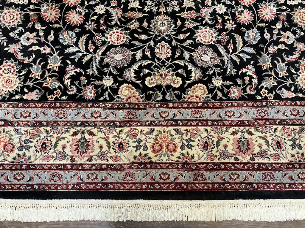 Pak Persian Rug 9x12, Floral Allover, Hand Knotted Oriental Carpet 9 x 12 ft, Black and Cream, Detailed, Wool with Silk Highlights, Vintage