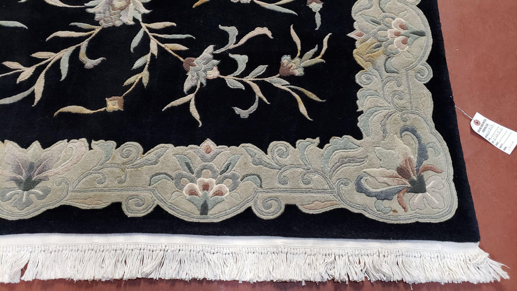 6x9 Vintage Black Gray Chinese Rug 120 Lines Wool Carpet Floral Design Hand-Knotted Soft Pile Entryway Rug Foyer Rug Nice