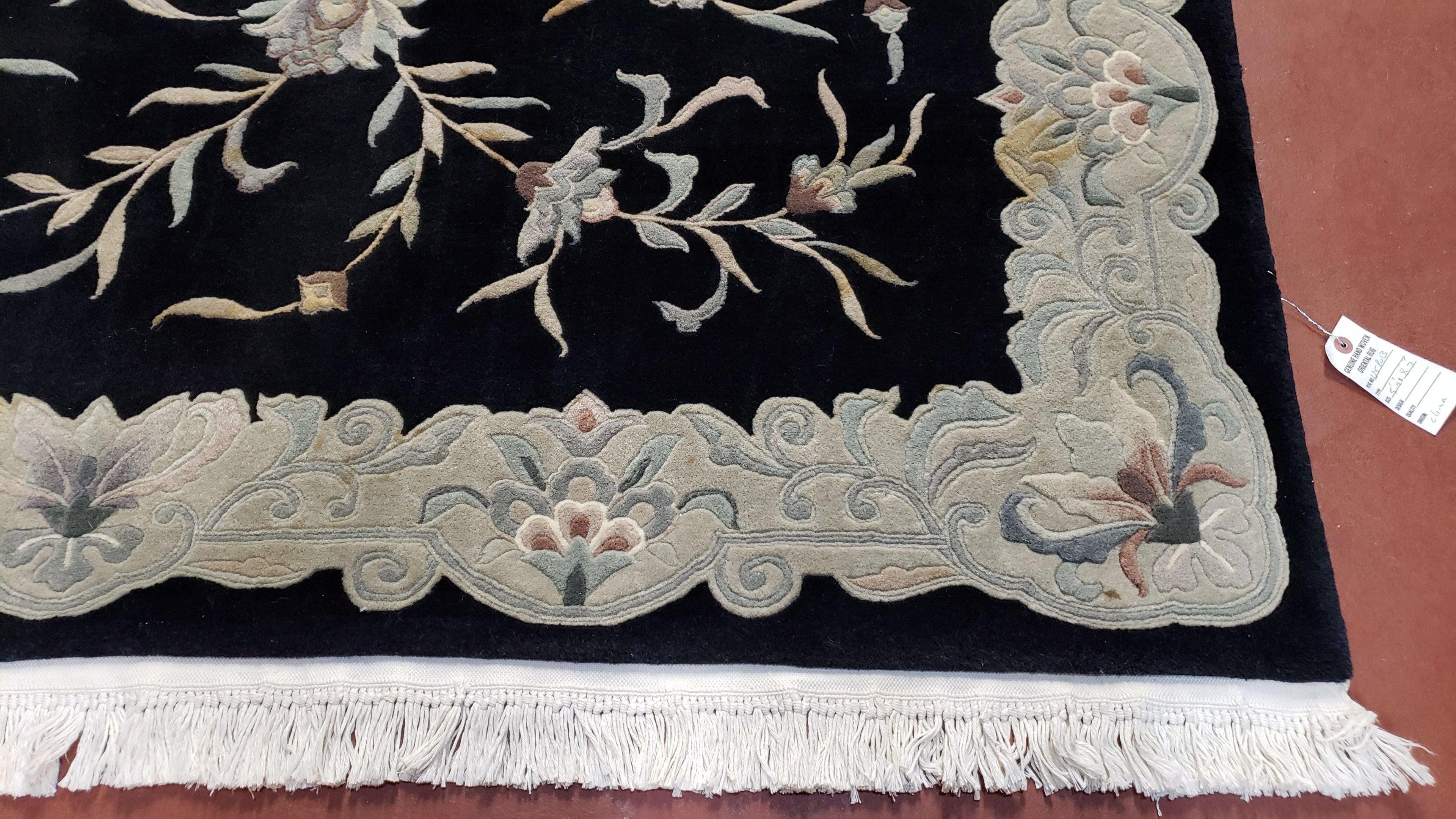 6x9 Vintage Black Gray Chinese Rug 120 Lines Wool Carpet Floral Design Hand-Knotted Soft Pile Entryway Rug Foyer Rug Nice