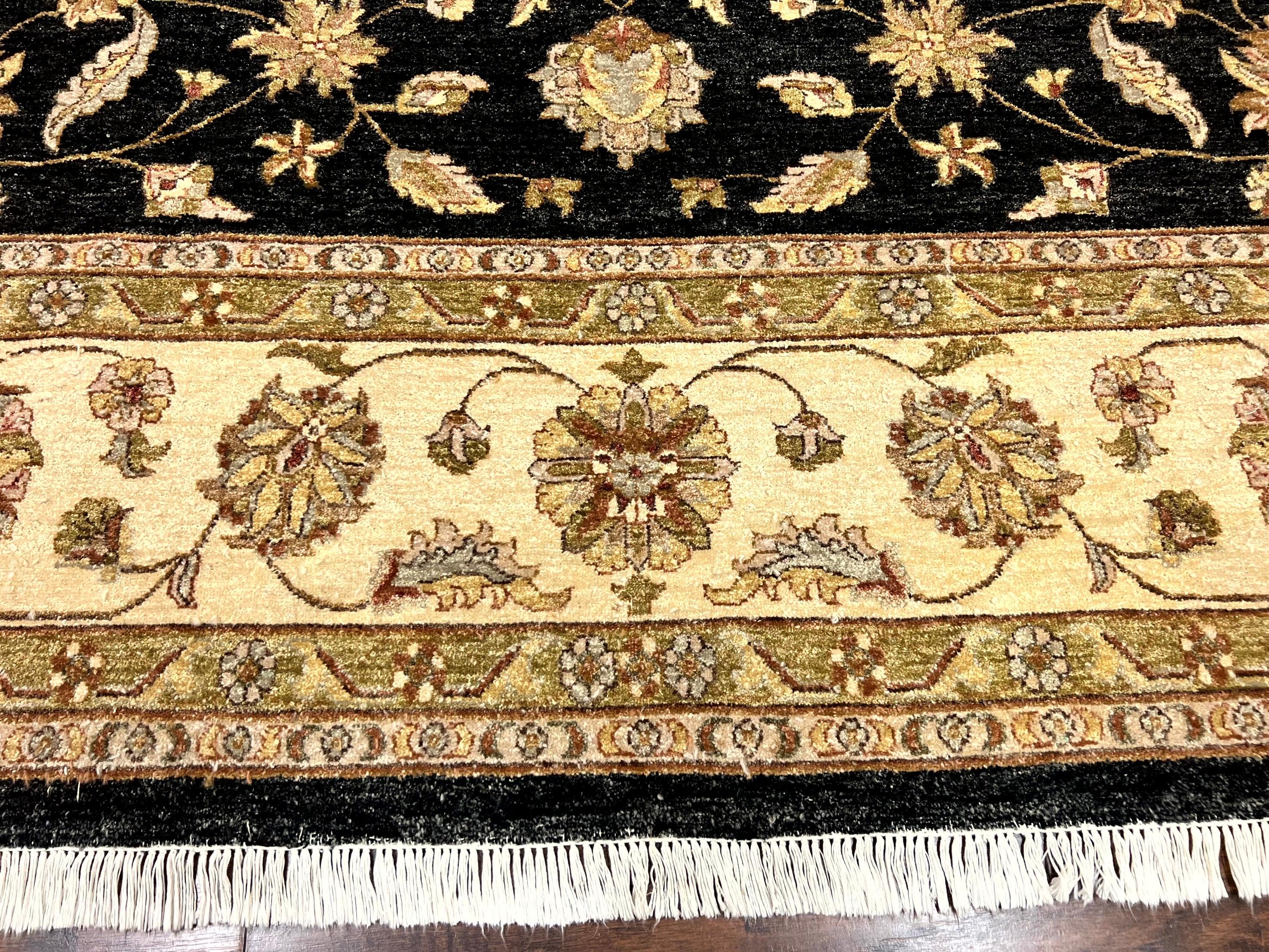 Indo Persian Rug 10x14, Charcoal and Beige, Floral Allover, Handmade Vintage Wool Carpet