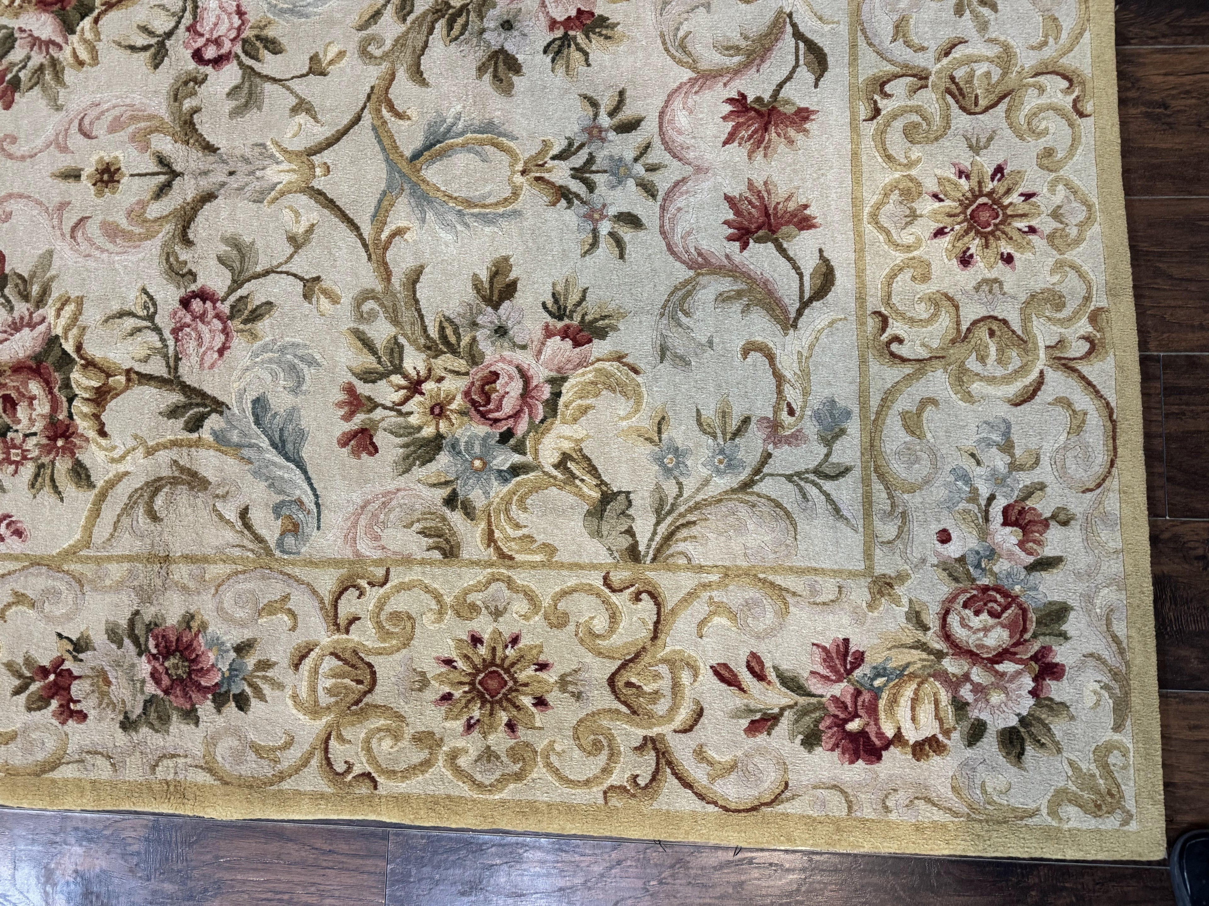 Aubusson Rug 8x10, French European Design, Vintage Handmade Wool Carpet, Aubusson Rug with Pile, Floral