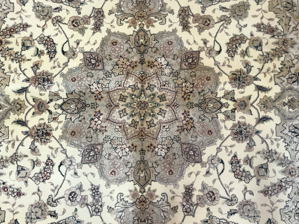 Sino Persian Rug 6x9, Floral Medallion, Ivory & Taupe, Wool with Silk Highlights, Fine 210 KPSI