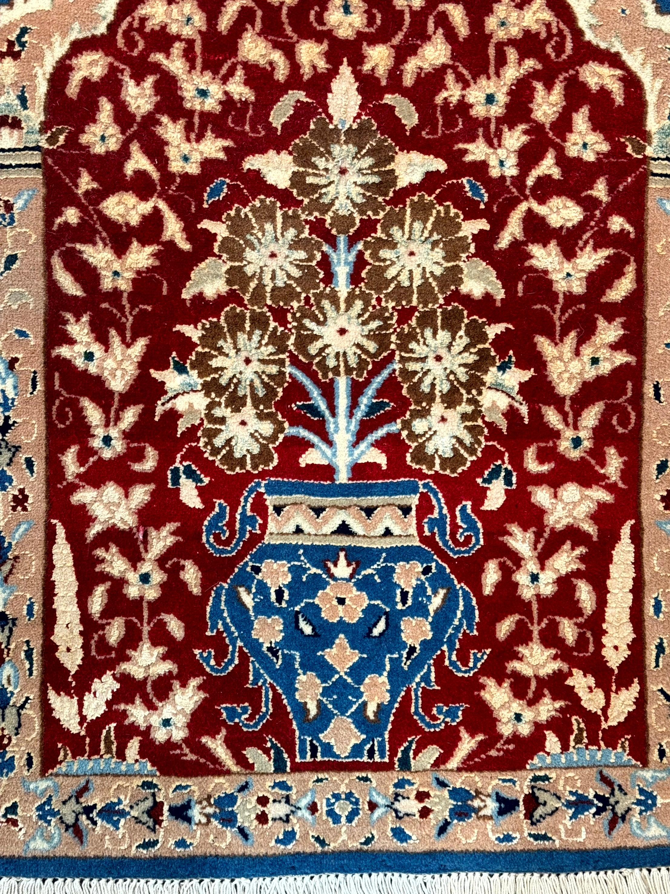 Small Persian Nain Rug, Persian Vase Tree of Life Design, Red and Blue, Very Fine 260 KPSI, Wool and Silk Highlights