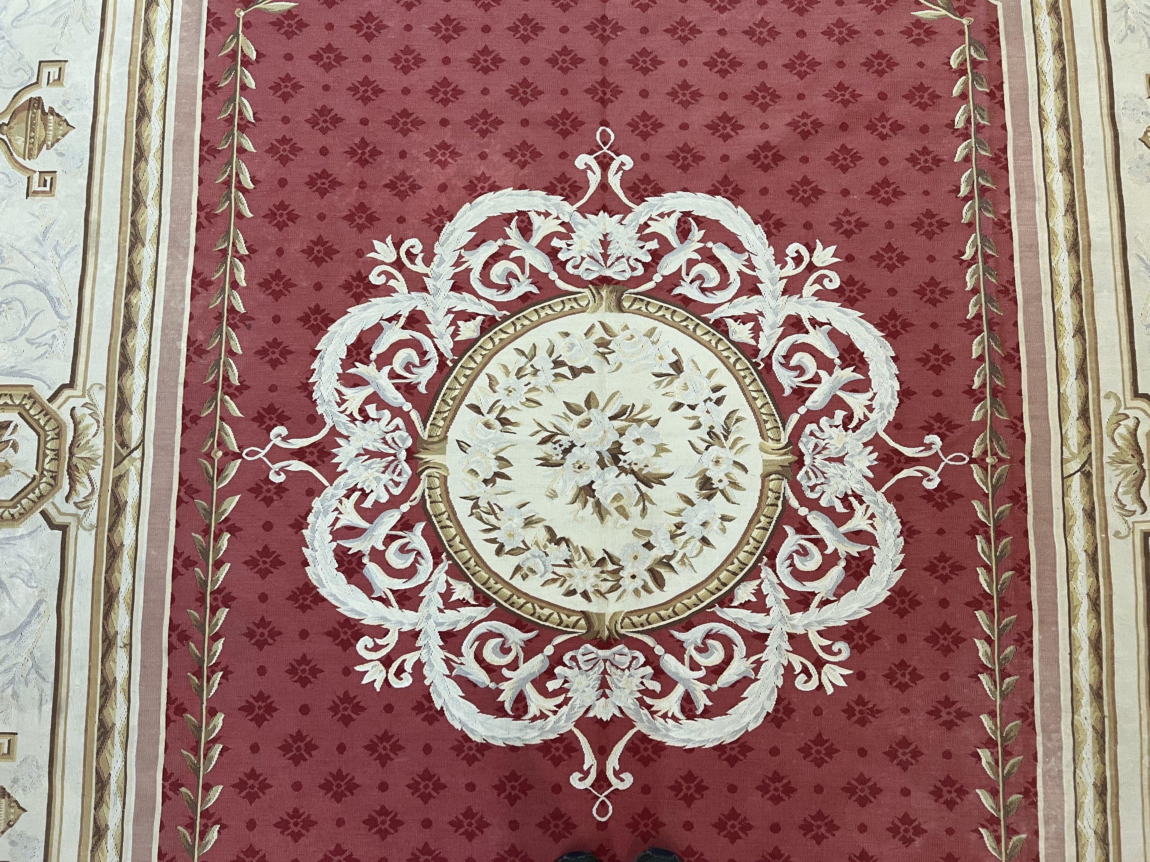Aubusson Rug 9x12 ft, Red and Ivory Elegant Aubusson Carpet, Flatweave, Vintage Wool Handmade Area Rug 9 x 12, French European Design