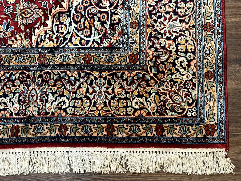 Indian Kashmiri Silk Rug 6x9, Red and Navy Blue, Floral Medallion, Fine 275 KPSI