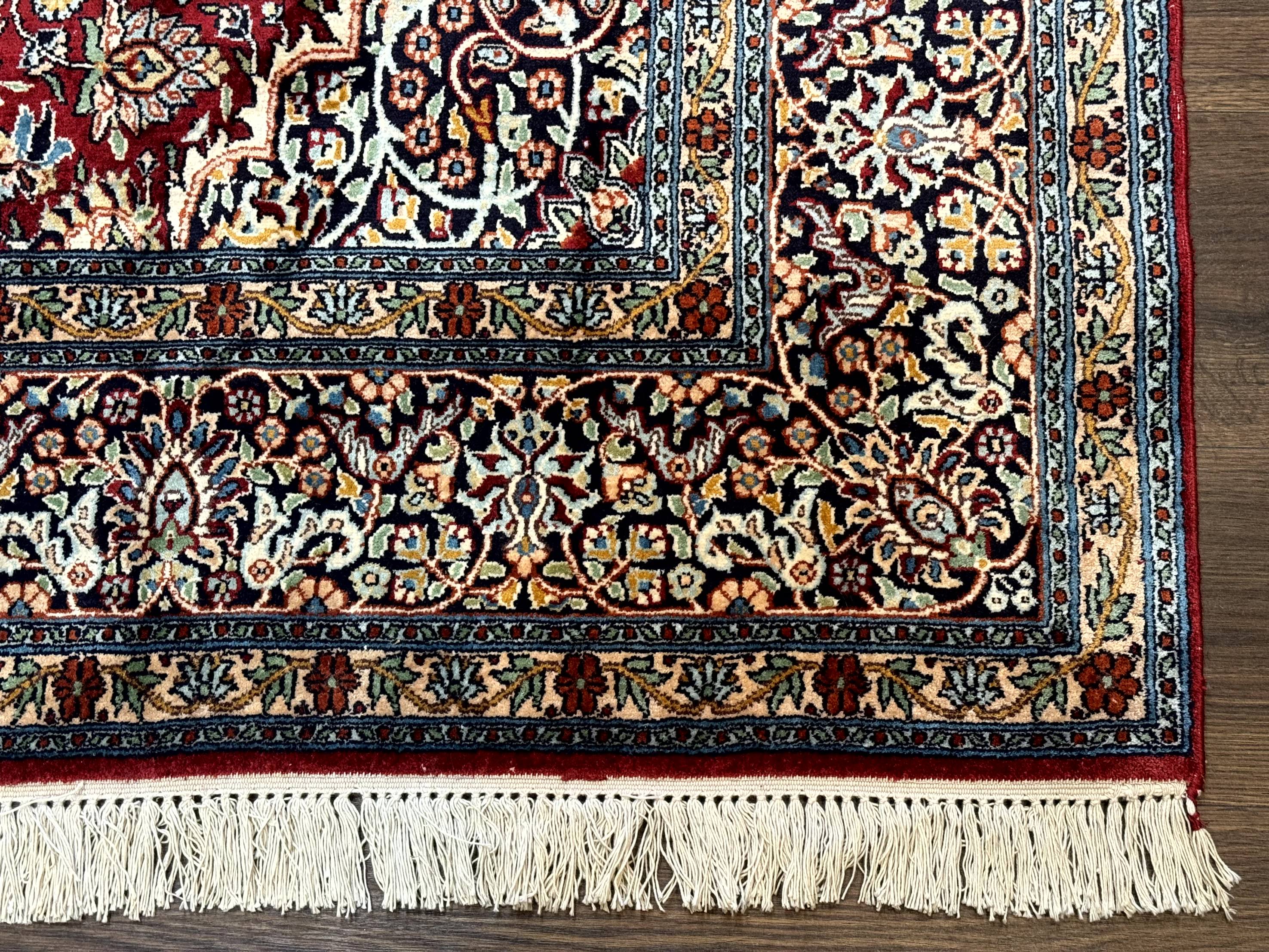 Indian Kashmiri Silk Rug 6x9, Red and Navy Blue, Floral Medallion, Fine 275 KPSI